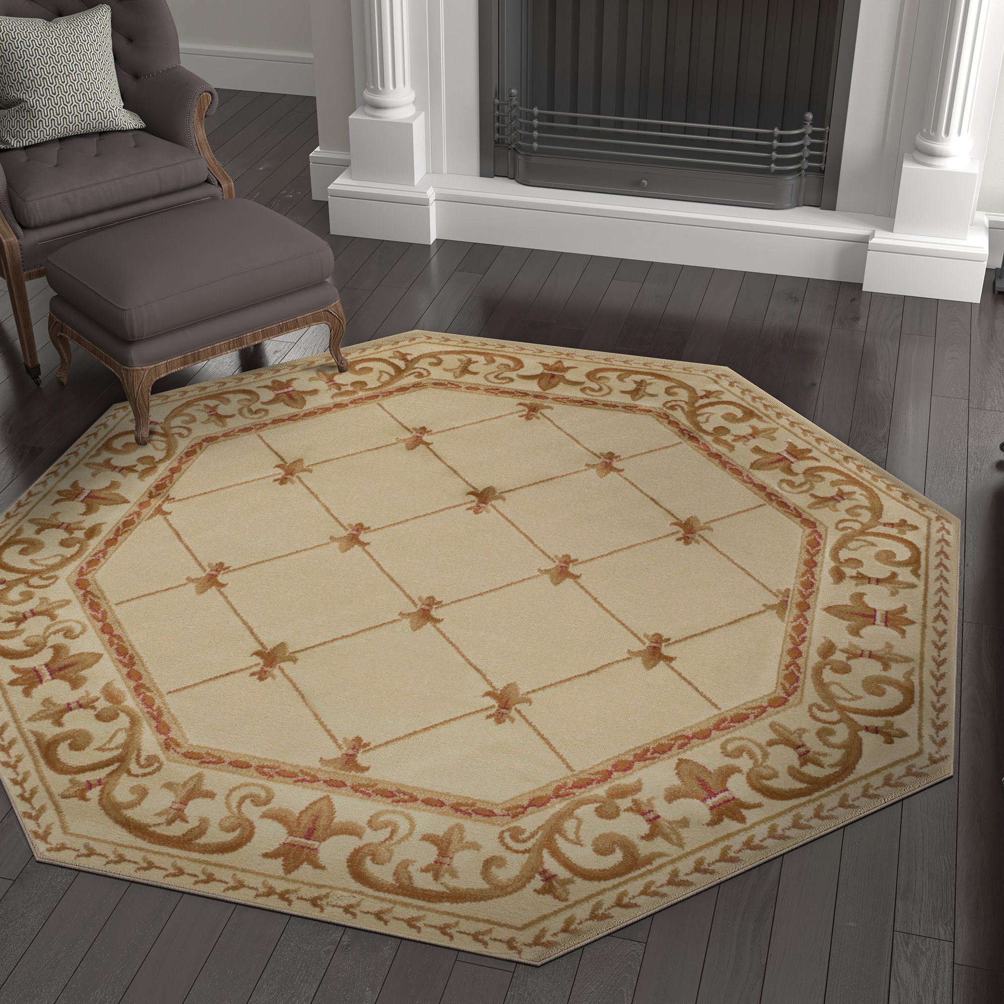 Tayse SNS4882 6OCT Sensation 6 x 6 (ft) Loomed Polypropylene Beige/Ivory Octagonal Indoor Border French Country Area rug