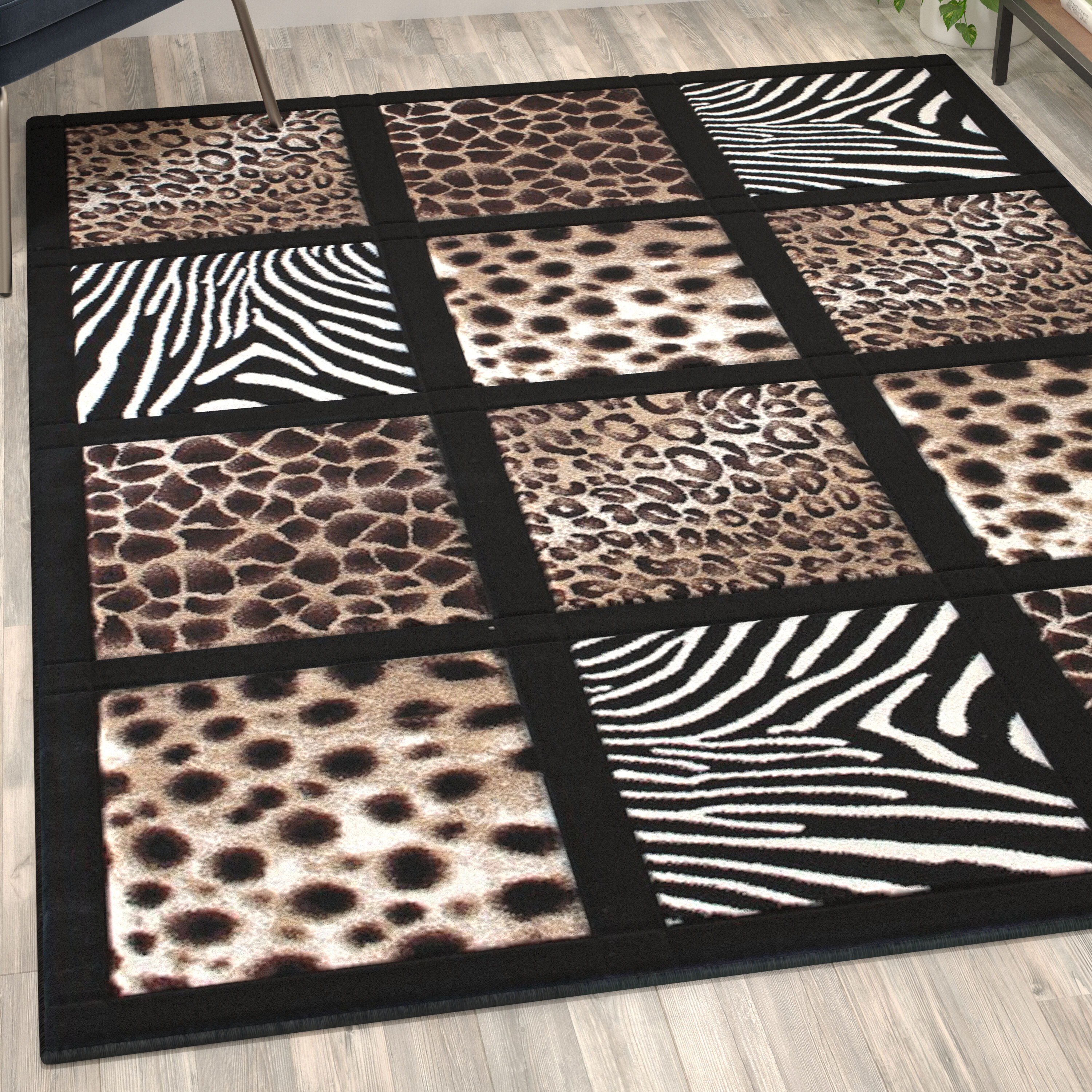 Reversible Black and White Synthetic 5' x 7' Area Rug