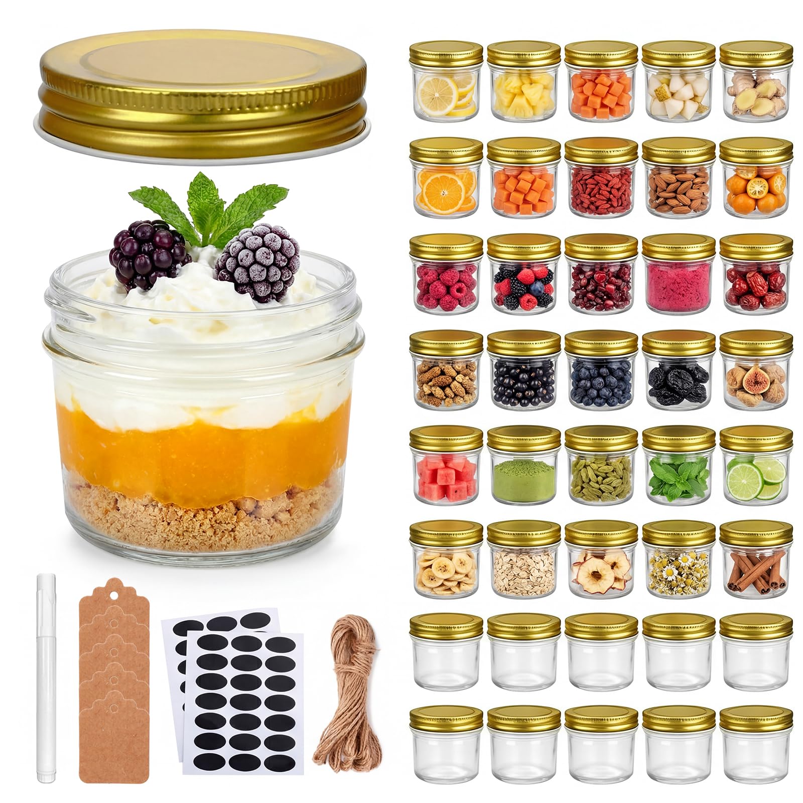 DHMHD  4oz Glass Jars With Gold Lids Set of 40 Small Wide Mouth Mason Jars for Honey Jam Jelly Wedding Favors Spice Storage and Kitchen Use