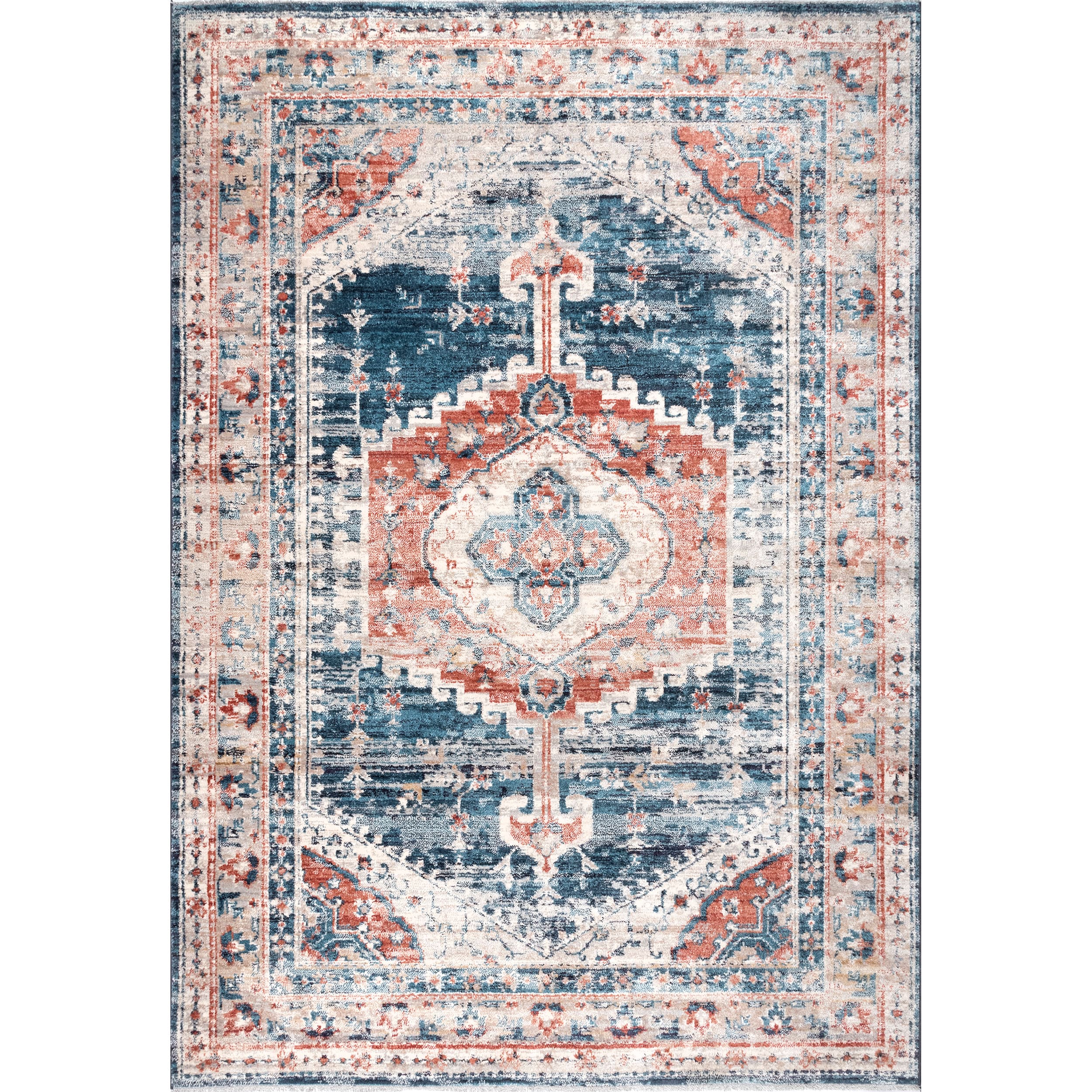 Regal Blue Medallion 4' x 6' Easy-Care Synthetic Area Rug