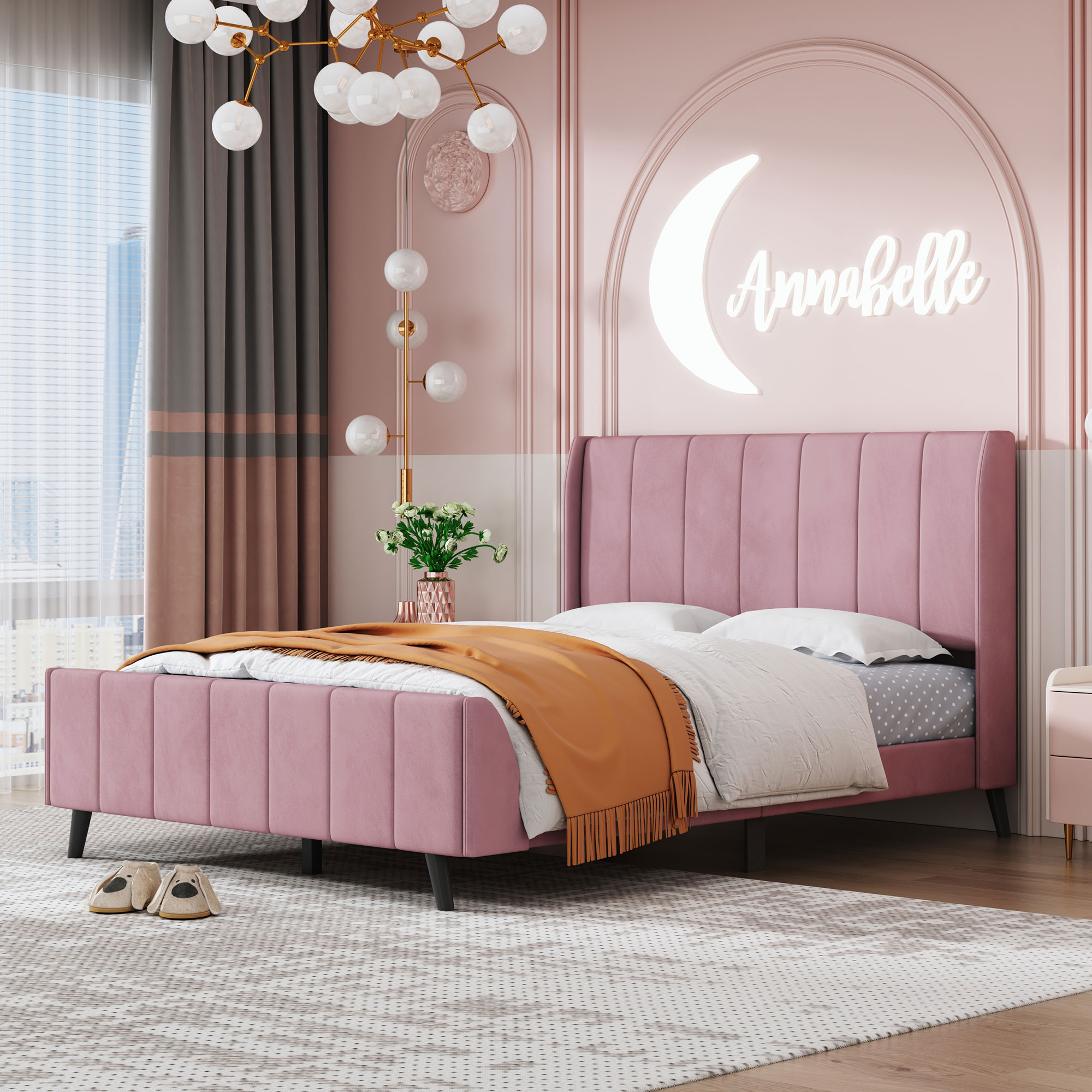 ModernLuxe L3P-WF308657AAH Full Size Upholstered Platform Bed Velvet Pink