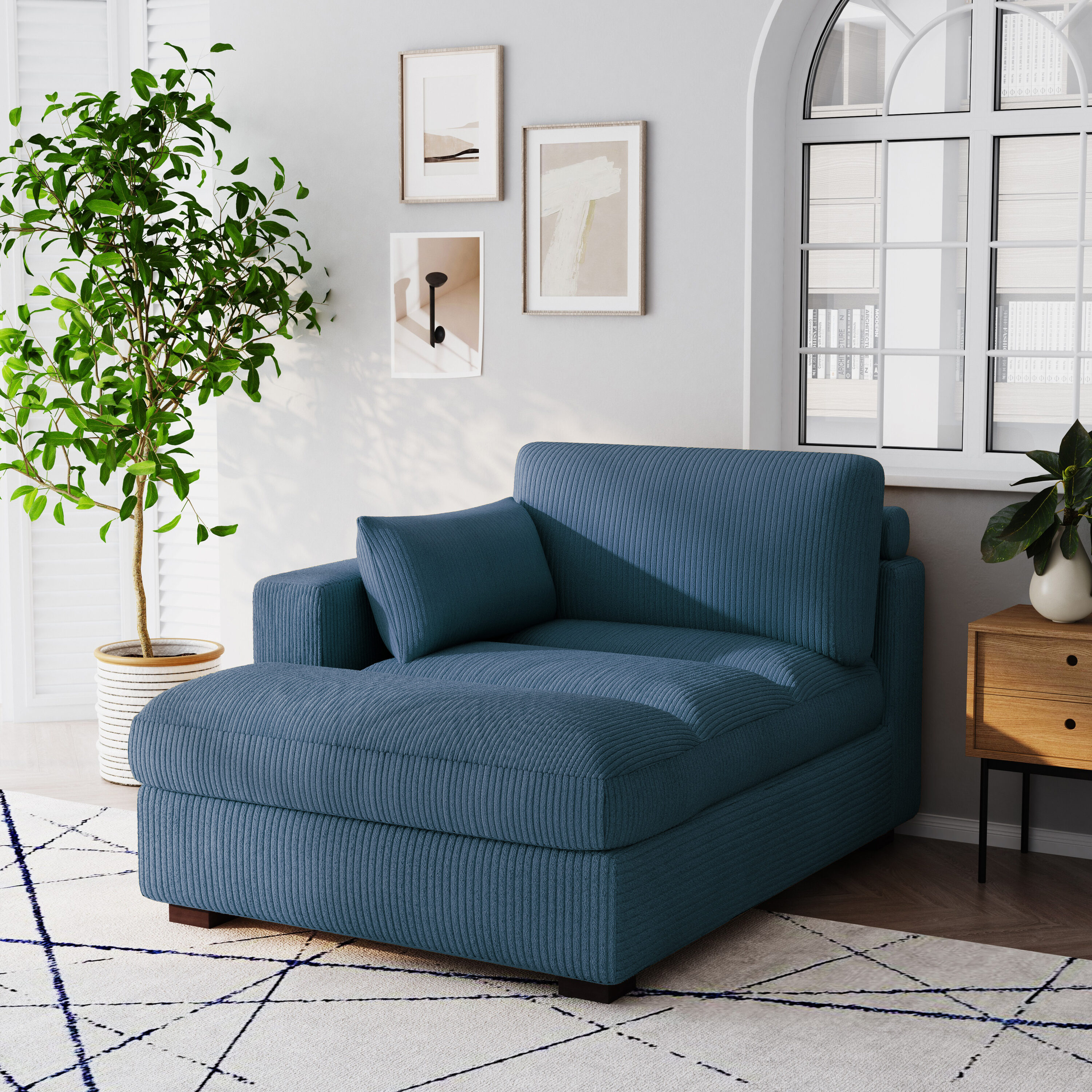 Dreamsidea Plush Upholstered Corduroy Lounge Chaise with Pillow Left Facing Navy
