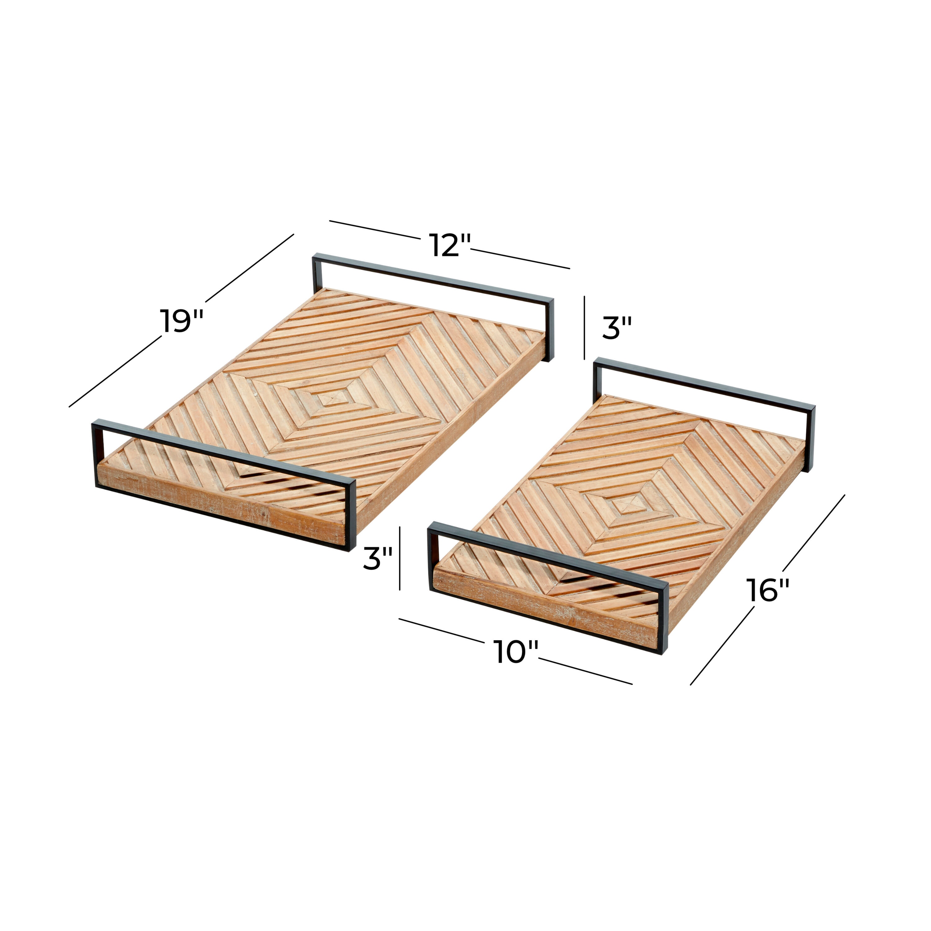 Brown Rectangular Wood Tray Set with Black Handles, 19" and 16"