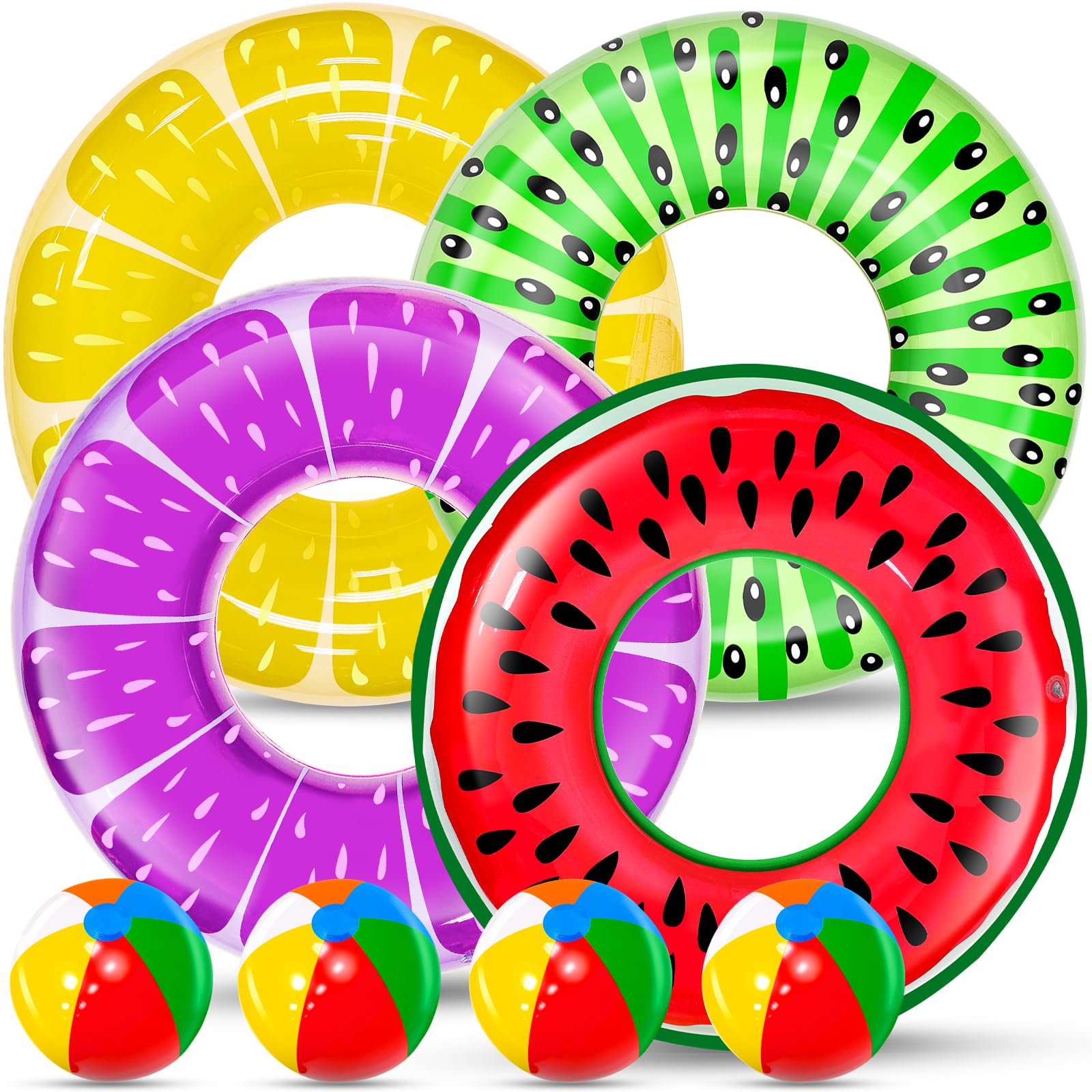 AKSCYZM  8 pack inflatable pool floats for kids includes 4 fruit swim tubes and 4 beach balls summer water toys for pool party and beach fun