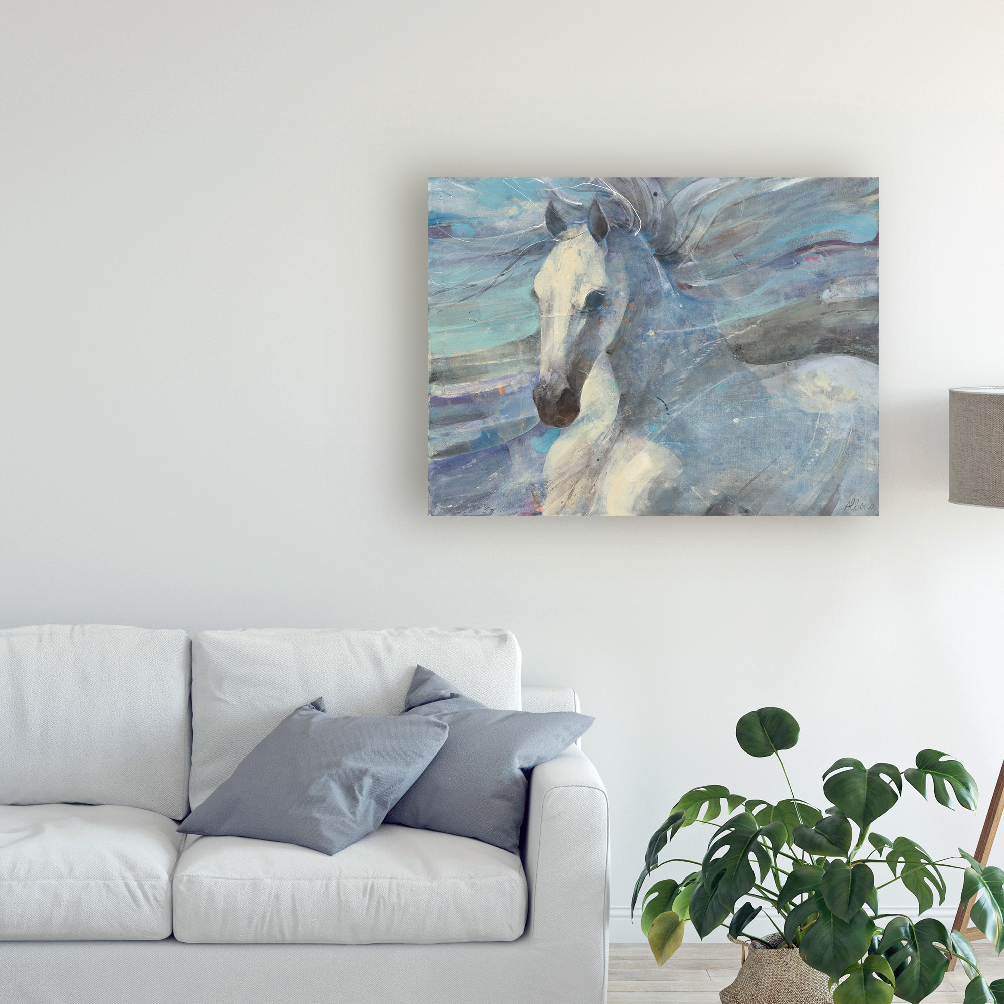 Poseidon White Horse 18x24 Canvas Art in Blue and Gray