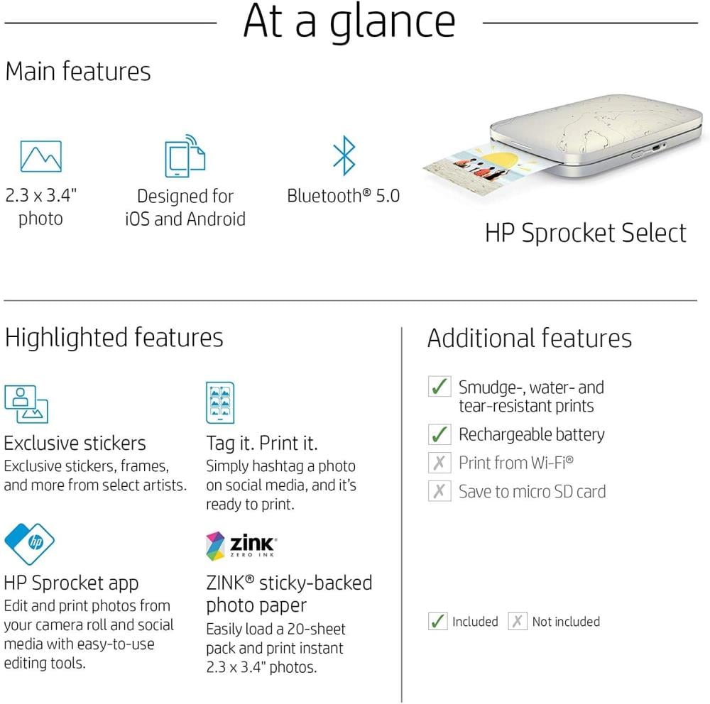 HP Sprocket Select Portable 2.3x3.4 Instant Photo Printer