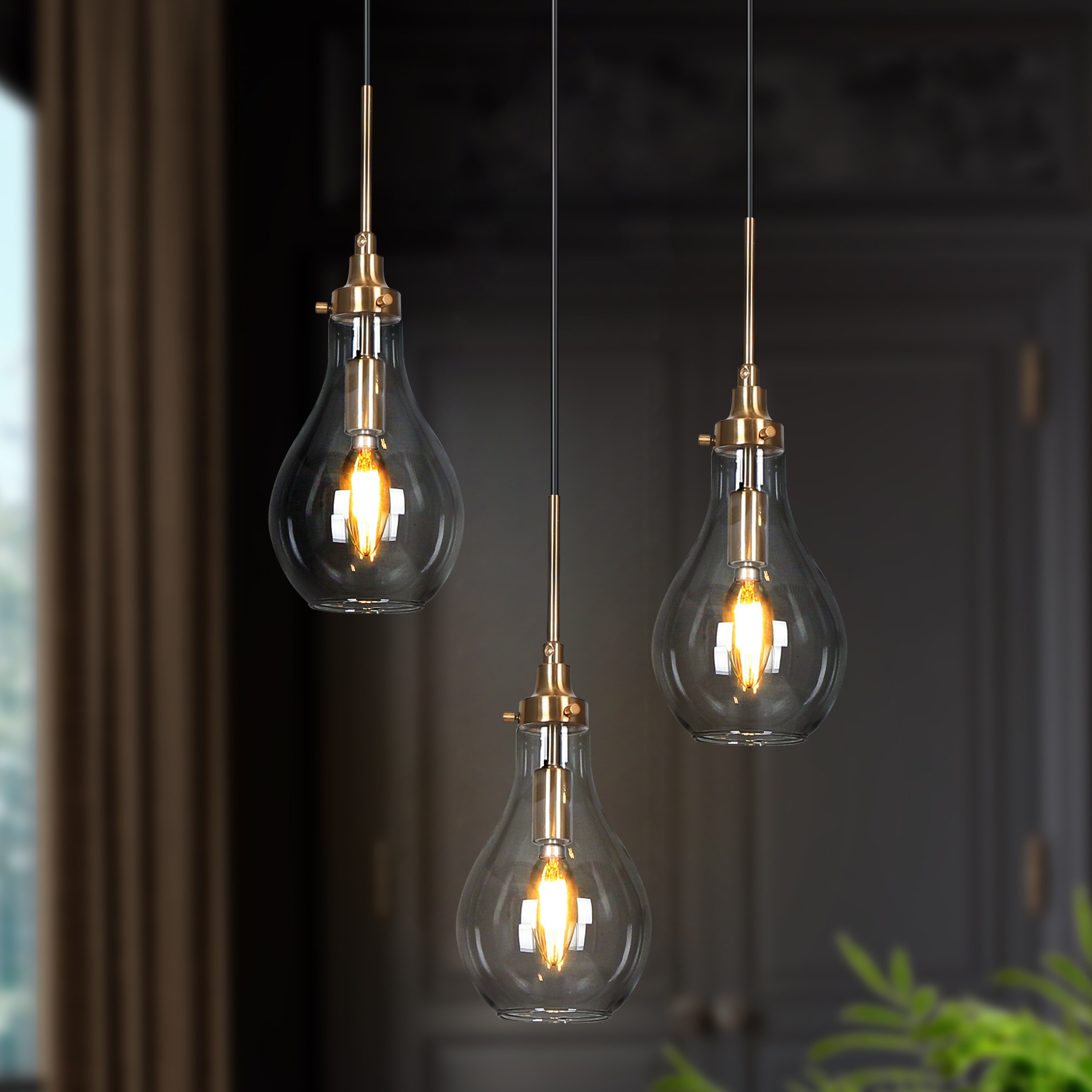 Uolfin RBZUI2UO68P388 3-Light 12-in Black and Brass Gold and Cluster Teardrop Modern/Contemporary Clear Glass Linear LED Hanging Pendant Light