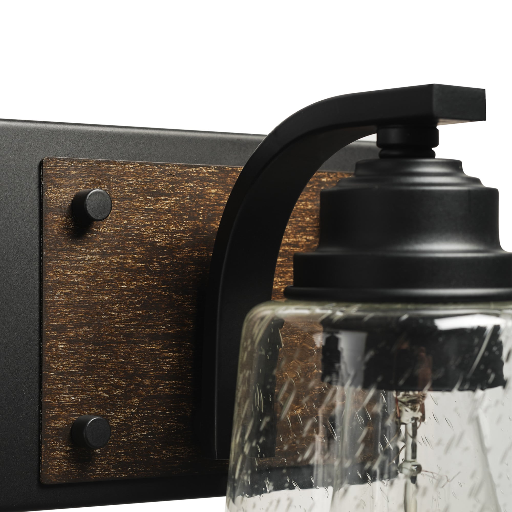 Matte Black and Faux Wood 24" Dimmable Vanity Light with Seeded Glass Shades