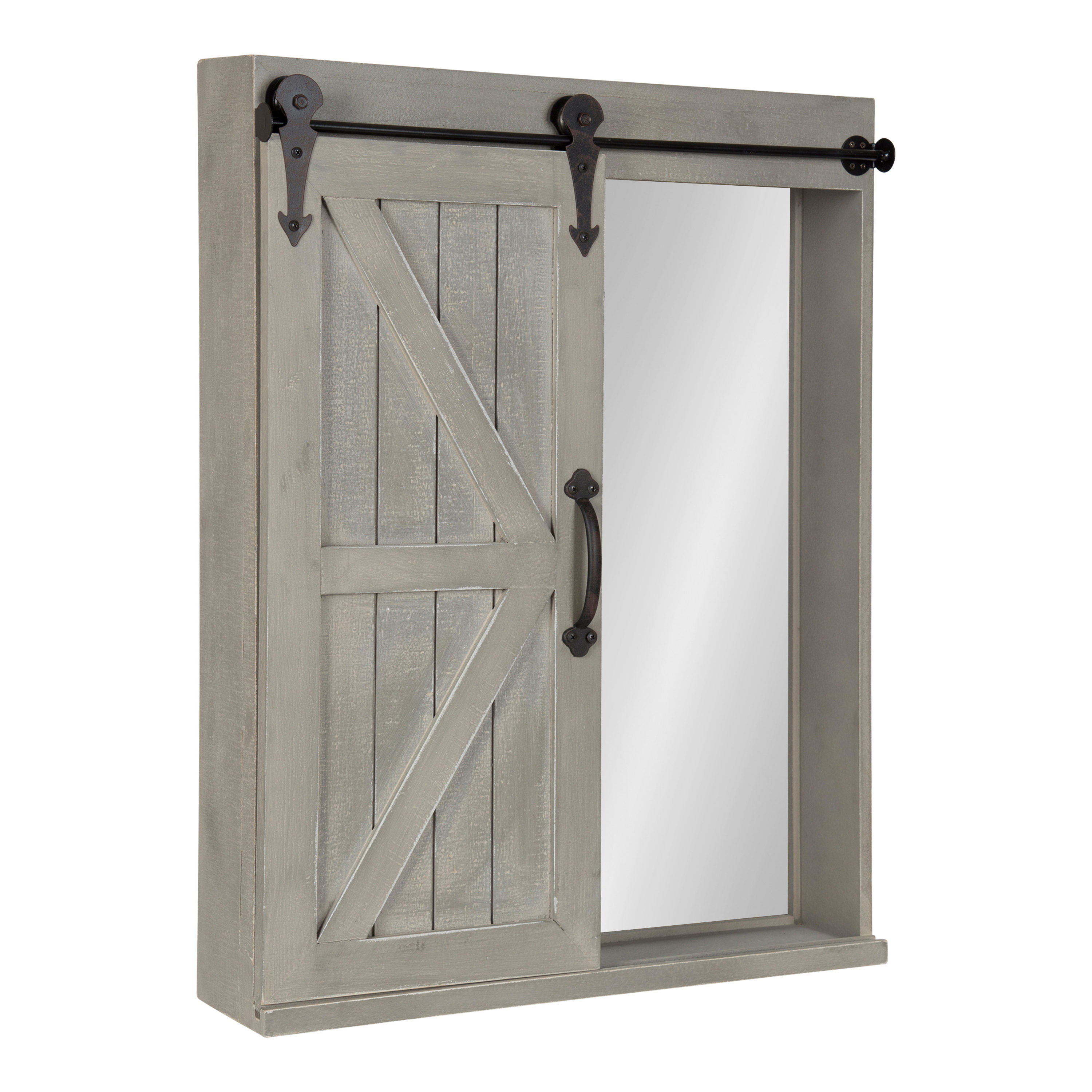 Rustic Gray Farmhouse Vanity Mirror Cabinet with Sliding Barn Door