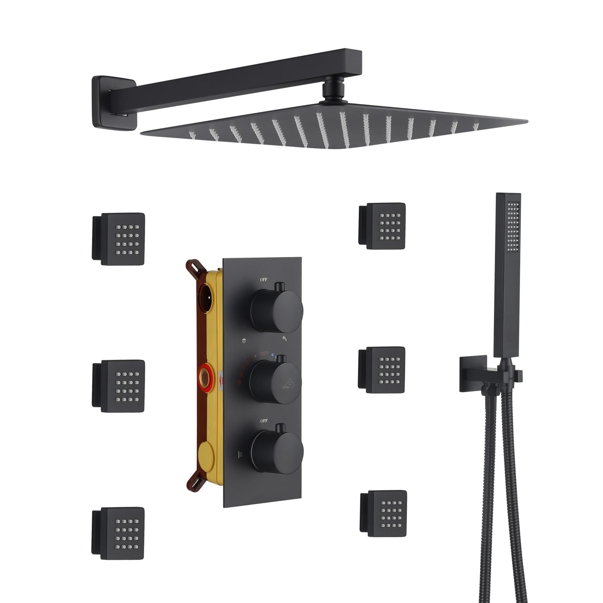 CASAINC M6001-A-12-MB Black 12-in Built-In Shower Faucet System with 3-way Diverter ( Pressure-balanced Valve Included )