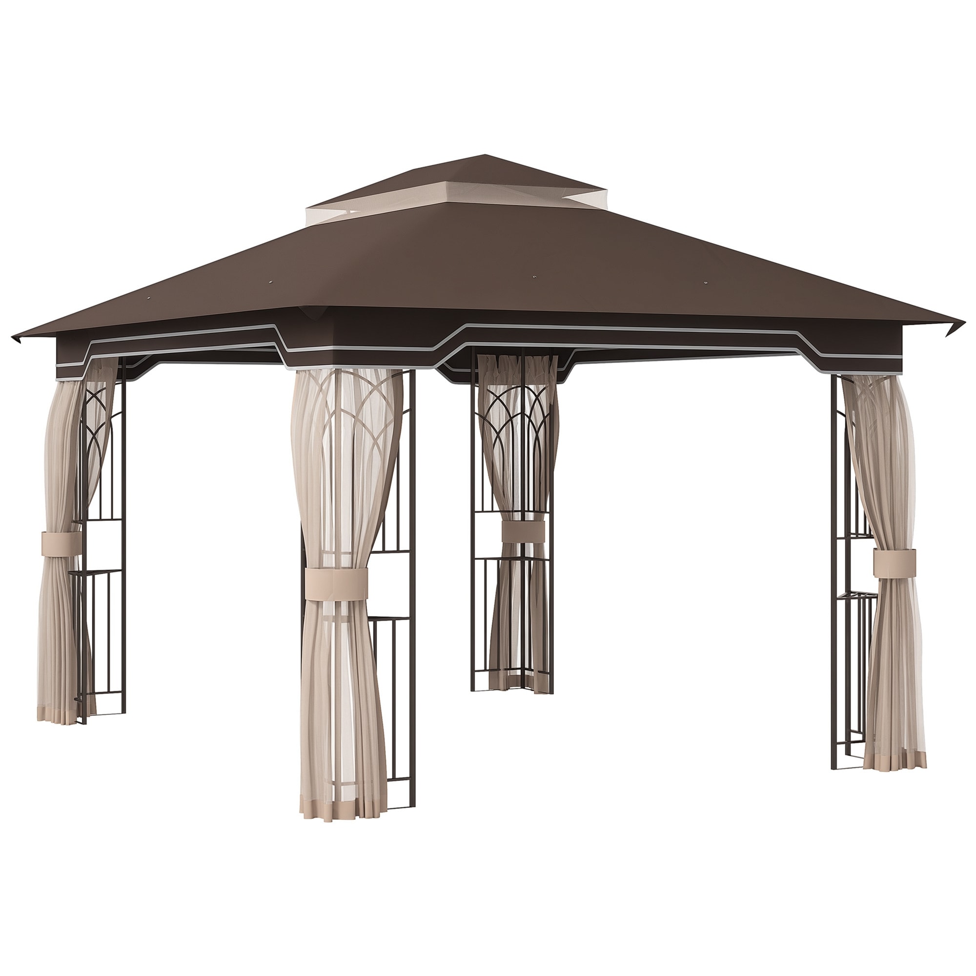 Outsunny 84C-320V01BN  10' x 12' Patio Gazebo Outdoor Canopy Shelter with Double Tier Roof and Netting Sidewalls for Garden Lawn Backyard and Deck Brown