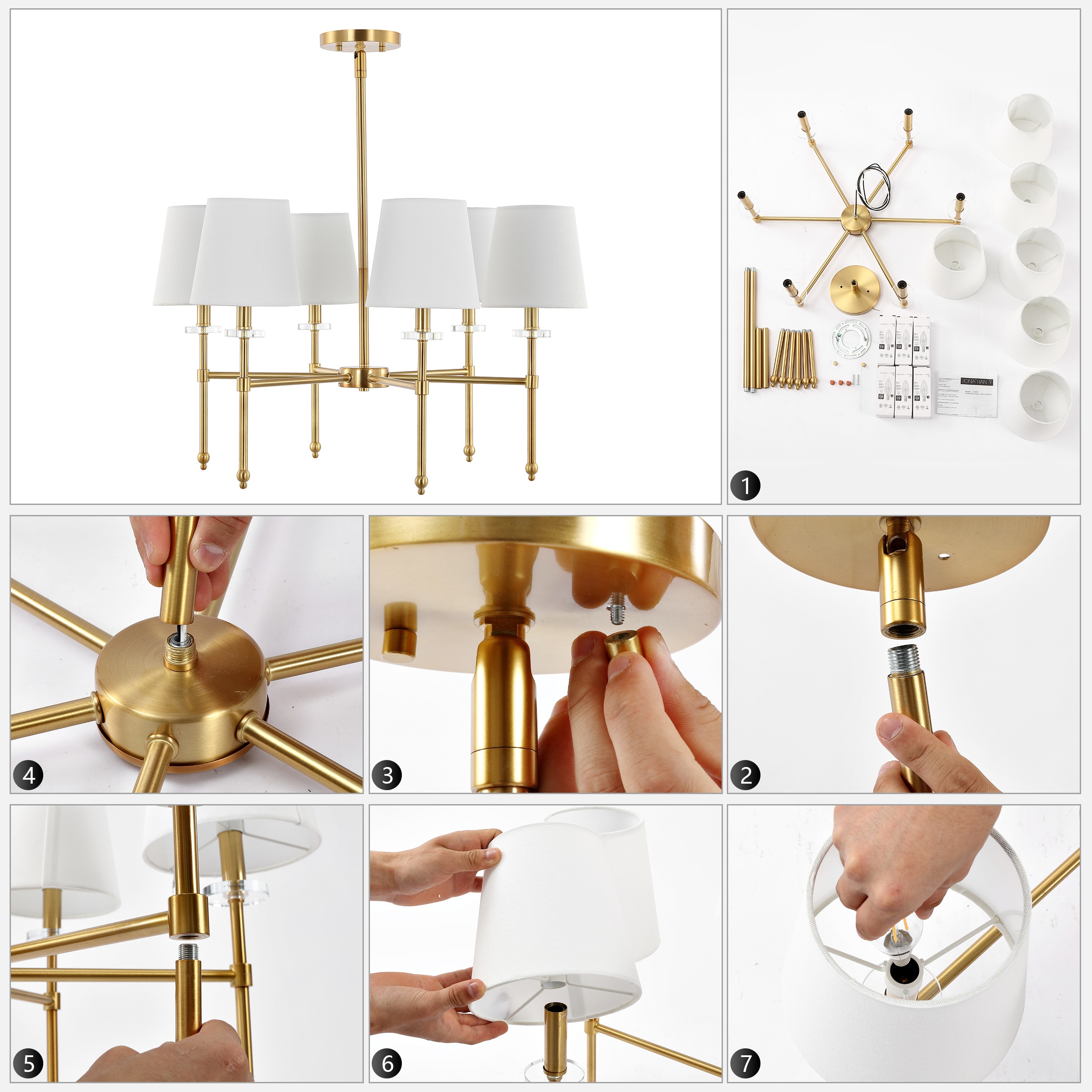 Cillian 27" Satin Gold Brass 6-Light LED Chandelier with White Fabric Shades