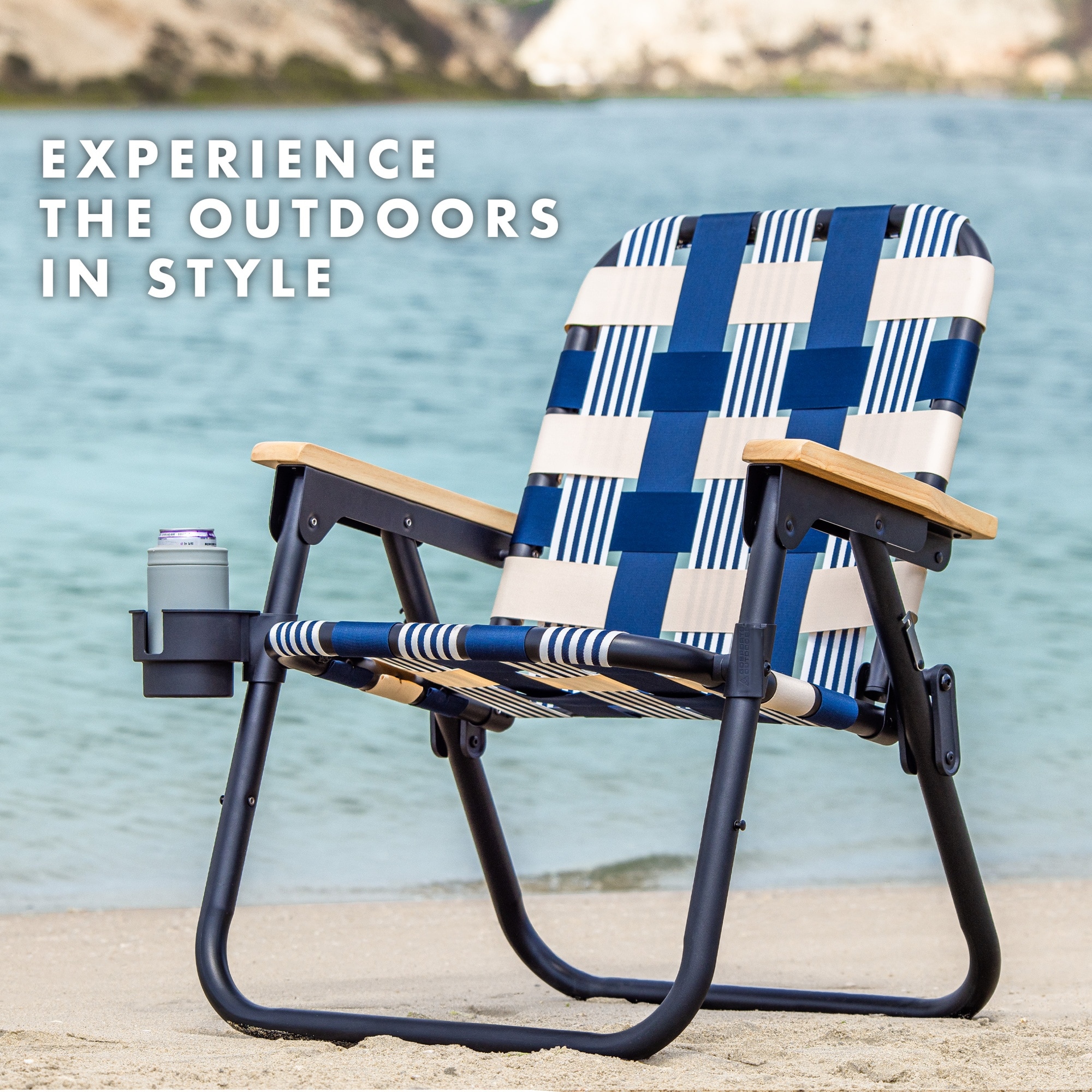 Lido Blue and White Woven Folding Beach Camping Chair with Hardwood Arms