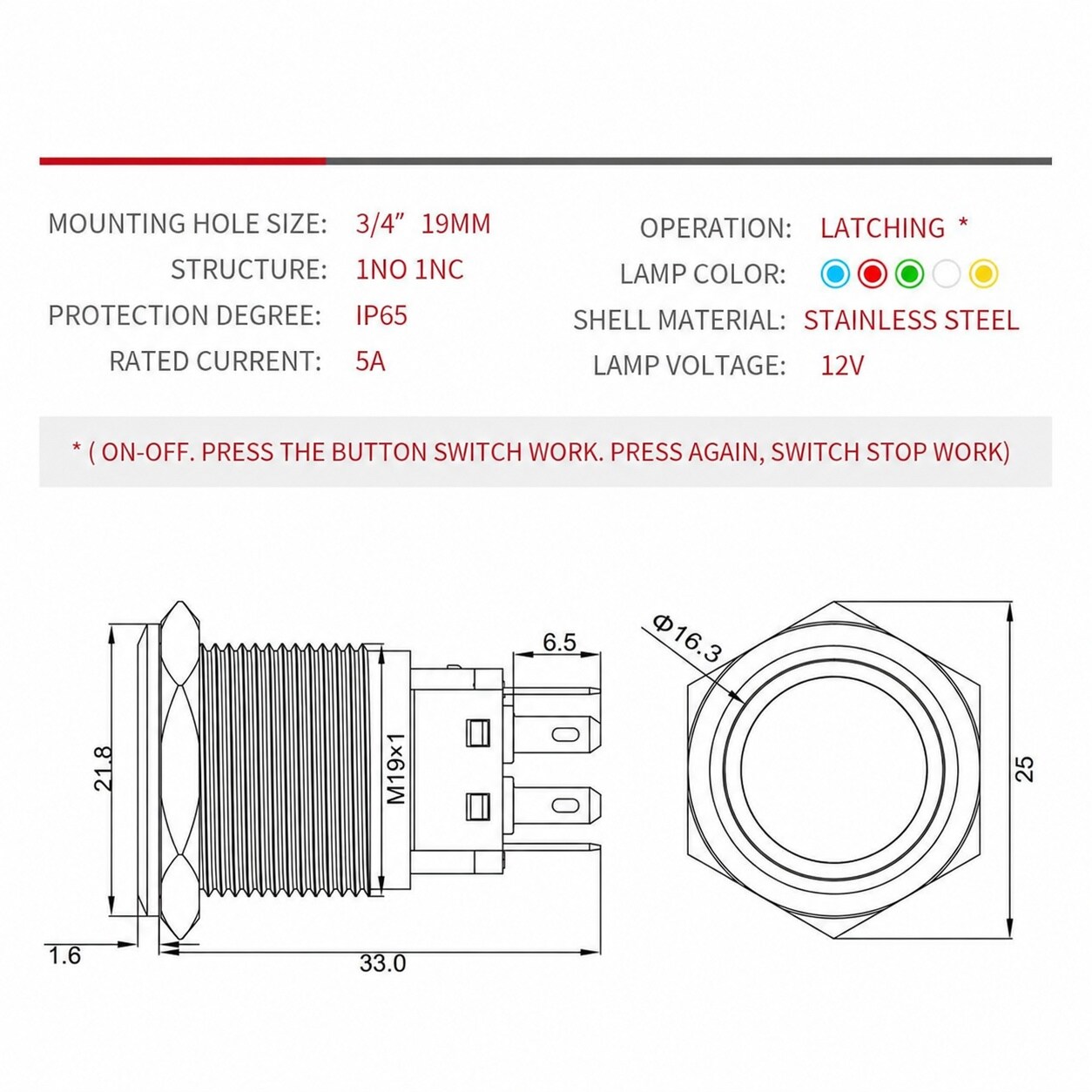 Aoibox 19mm Latching Push Button Switch with Blue Angel Eye Ring LED ...