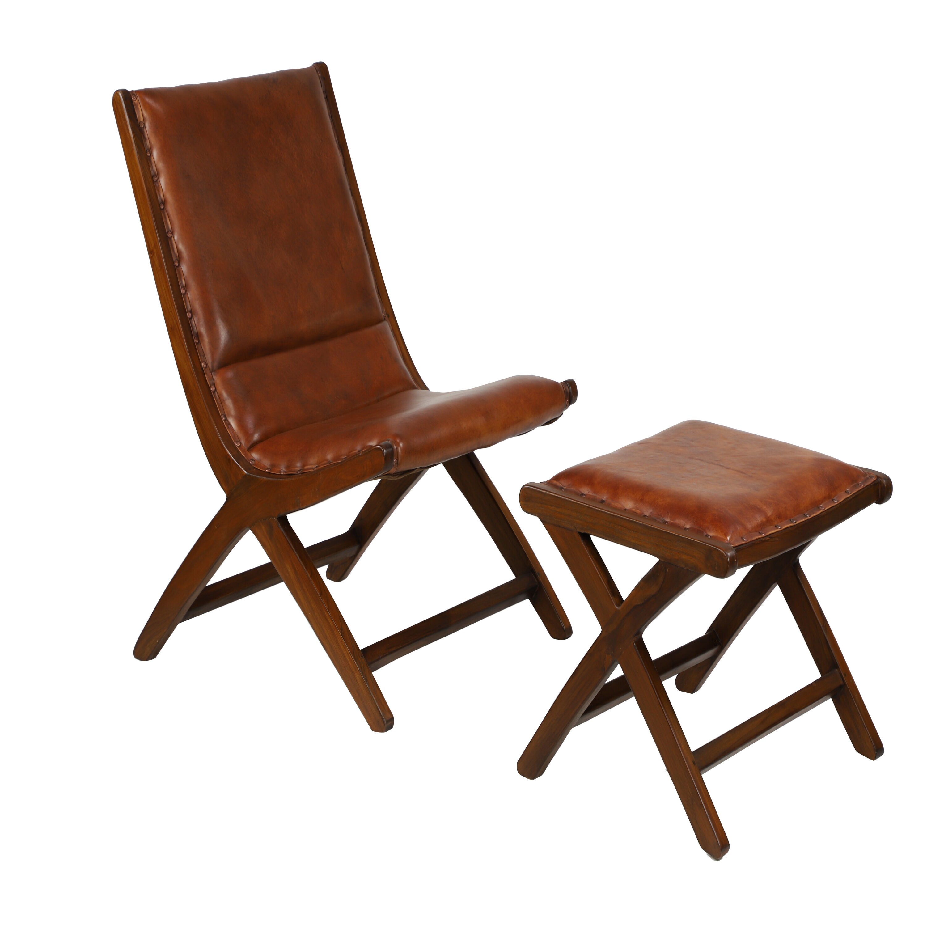 Set of 2 Brown Teak Wood Leather Accent Chairs with Ottoman