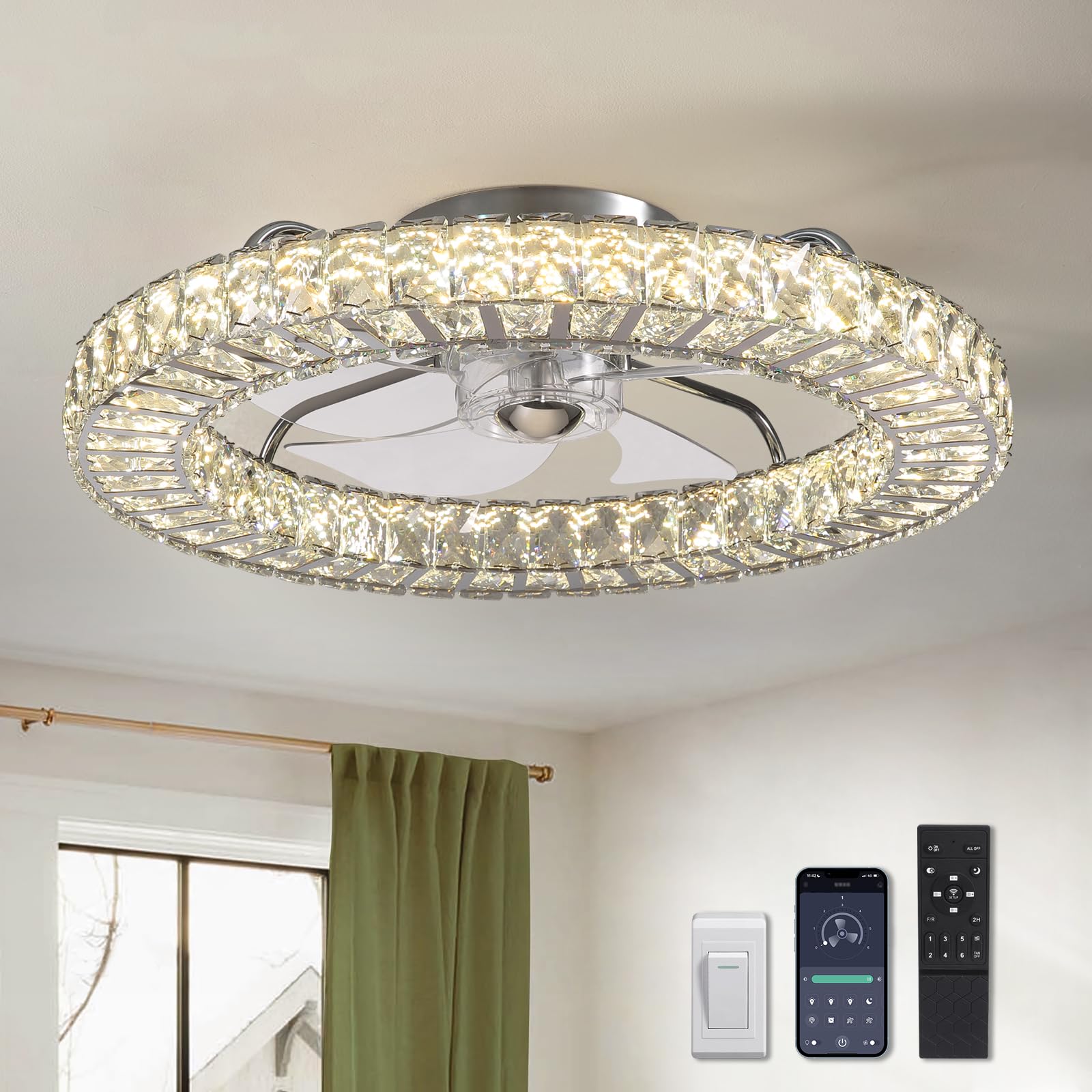 SILJOY CFL-1103-02 Flush mount Ceiling Fan with Light and Remote Control Include
