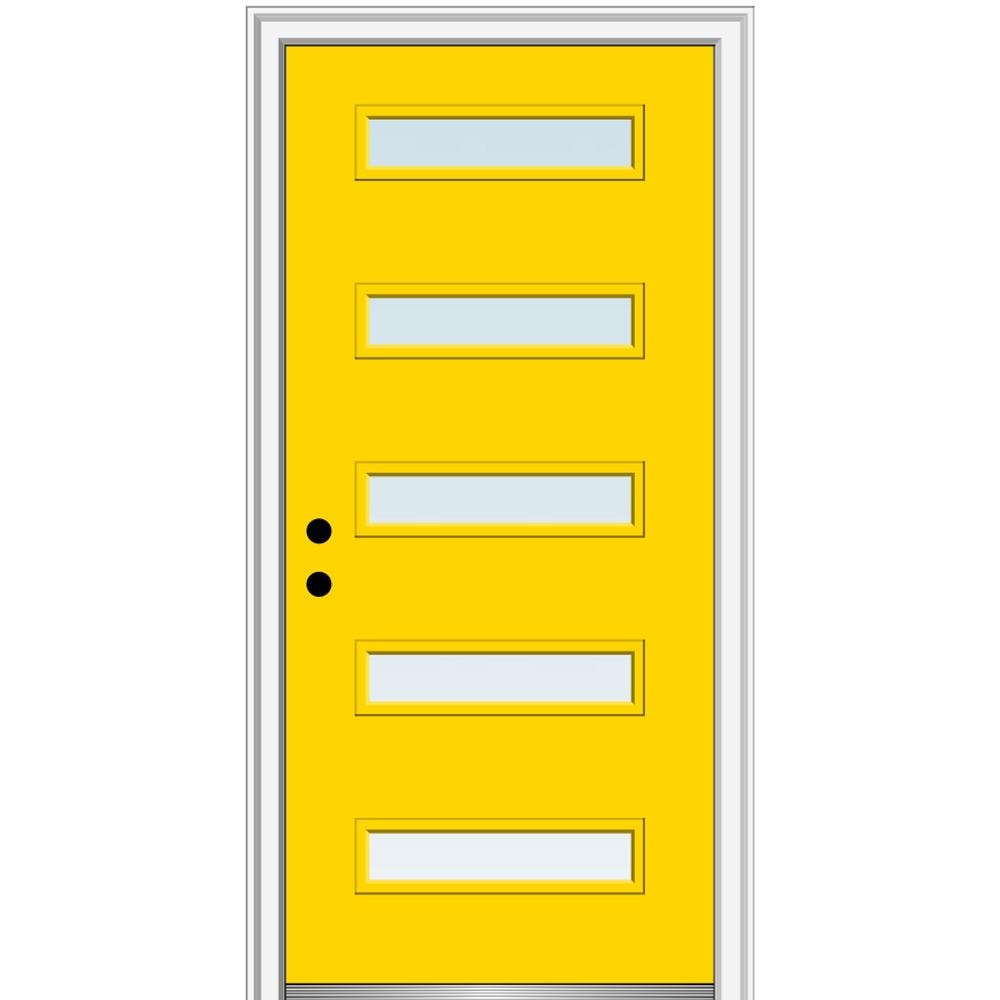 MMI DOOR ZZ349101R Spotlights 32-in x 80-in x 6-9/16-in Fiberglass Pulse lite Right-hand inswing Yellow Flash Painted Prehung Front Door with Brickmould Insulating core