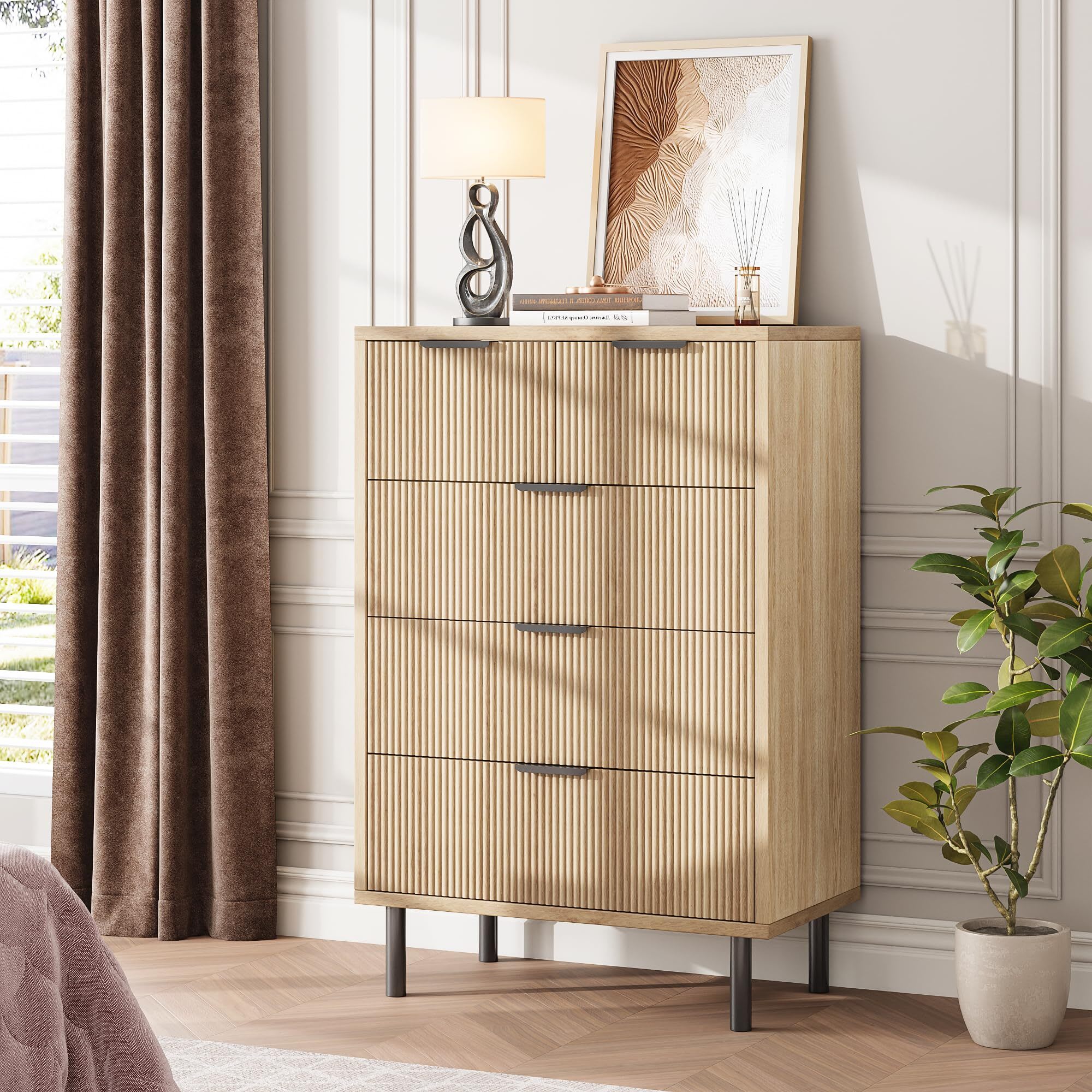 Qeetex NB-PHO33EPMYYM Fluted 5 Drawer Dresser Tall Modern Chest of Drawers with Metal Legs Wood Storage Cabinet for Bedroom Entryway Hallway Wood Color