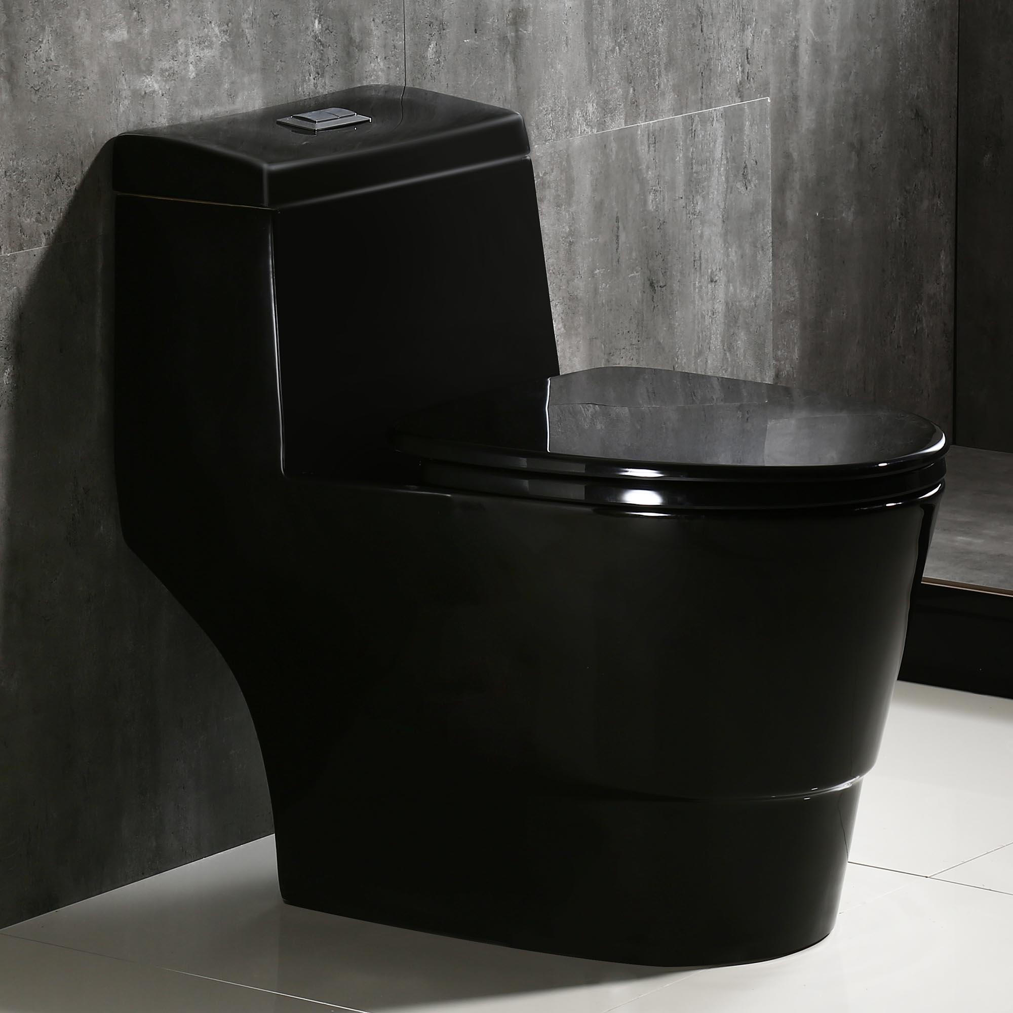 Woodbridge Bering Black Toilet with Chrome Button Dual Flush Elongated ...