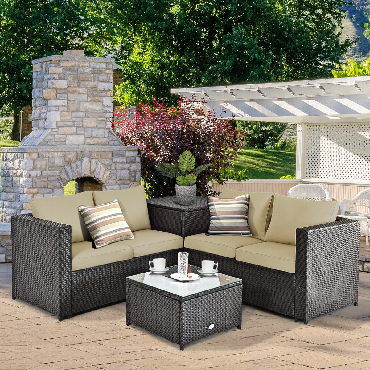 Poinic CWZ66714BBN-X 4 -Piece Wicker 2 Patio Sofa Conversation Set with Brown Cushions