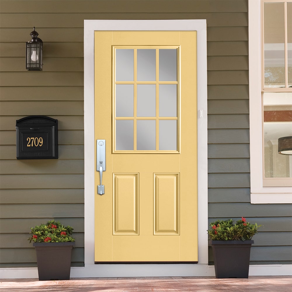 Masonite 1218756 36-in x 80-in x 4-9/16-in Fiberglass Half lite Right-hand inswing Cabana Yellow Painted Prehung Front Door with Brickmould Insulating core with Grilles
