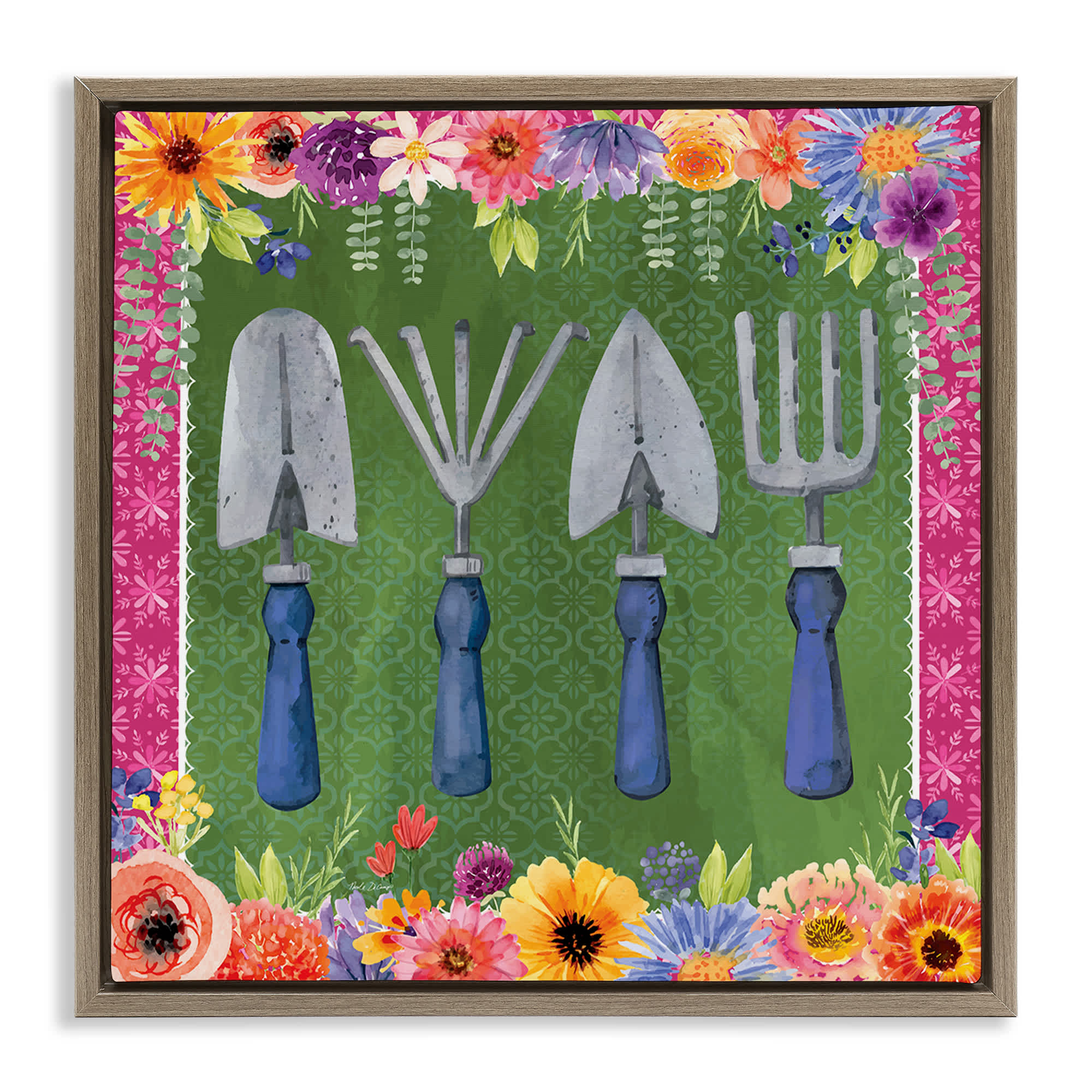 Stupell Industries BT-612-FFE-24X24 Gardening Tools and Floral Border Brown Framed Floater Canvas Wall Art By Nicole DeCamp 25 x 25