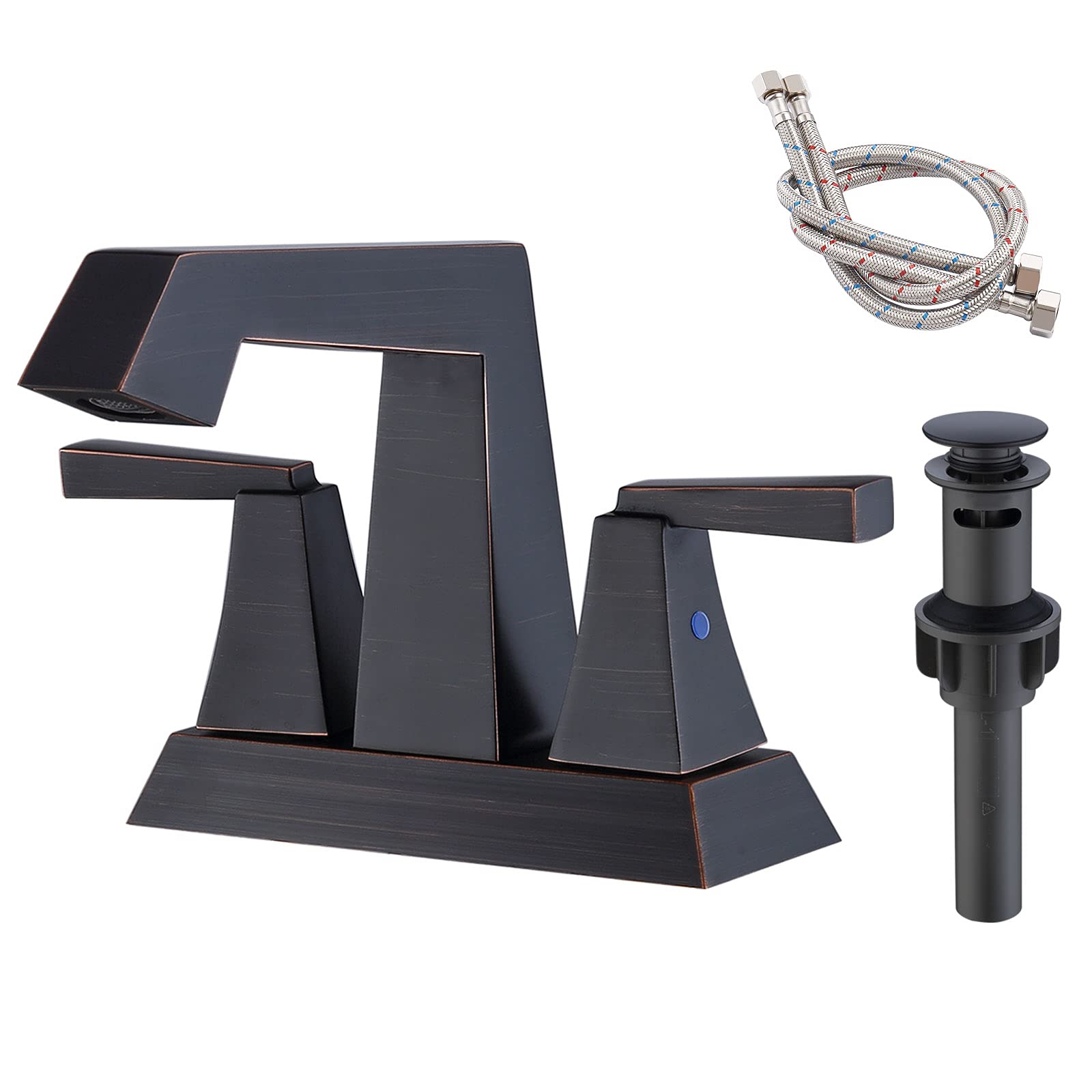 LOVMOR SF-J-T3177P277477 2-Handle Bathroom Sink Faucet Oil Rubbed Bronze 4 Inches Centerset Vanity Faucet 3 Hole Bathroom Faucet with Pop Up Drain and Supply Lines