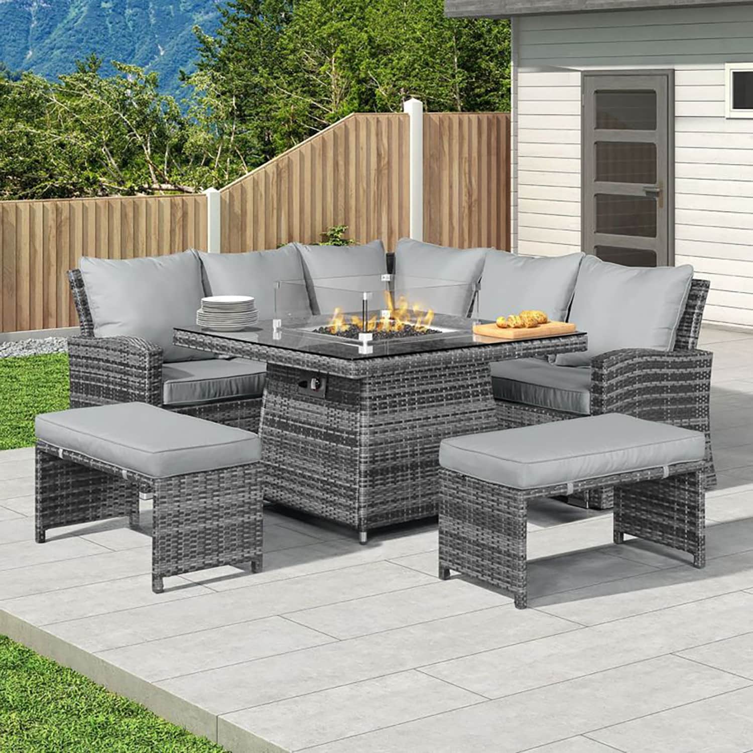 Direct Wicker DWF-16700 Flame 5 -Piece Wicker Patio Sofa Conversation Set with Gray Cushions