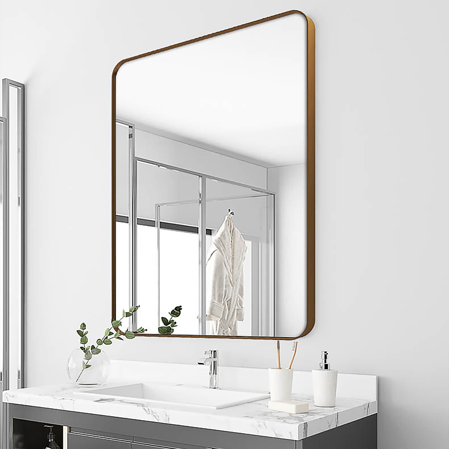 MR Bathroom Mirror 30-in x 36-in Brushed Gold Rectangular Framed Bathroom Vanity Mirror | - WELLFOR CR-P-S-2W01BN