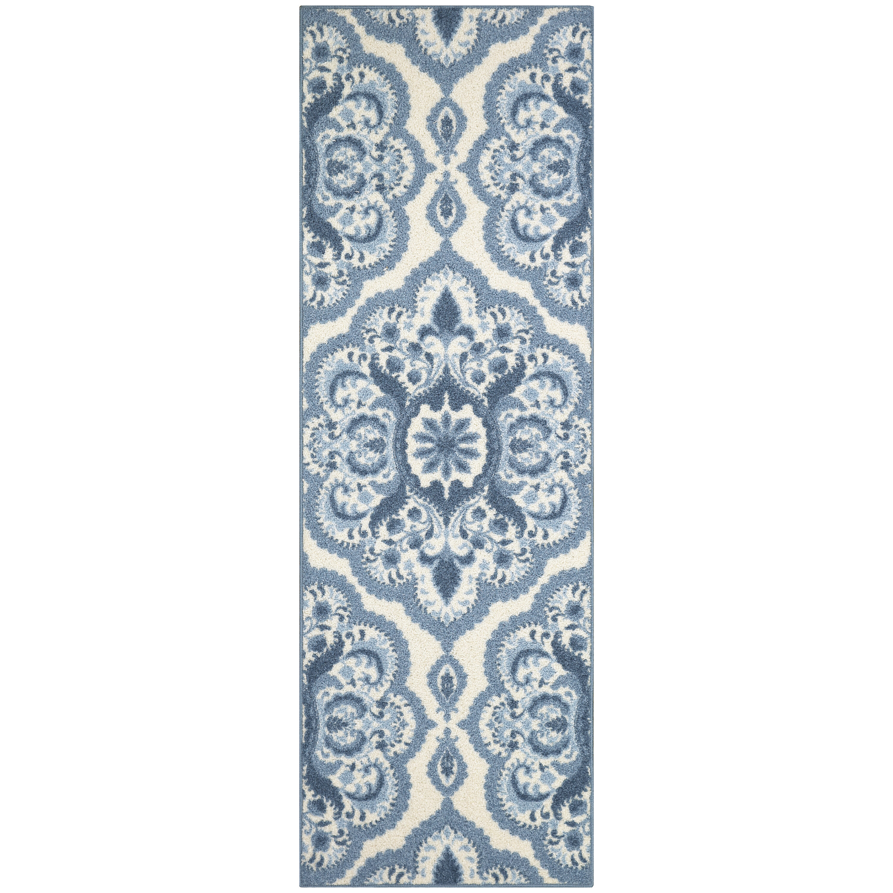 Blue and White Tufted Medallion Runner Rug, 2' x 6'