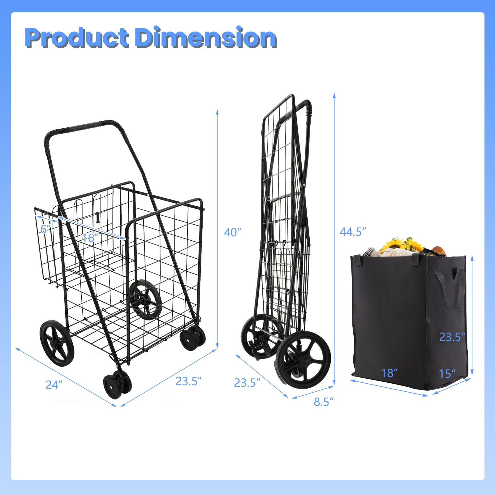 Costway Shopping Cart with Oxford Liner Folding Grocery Cart