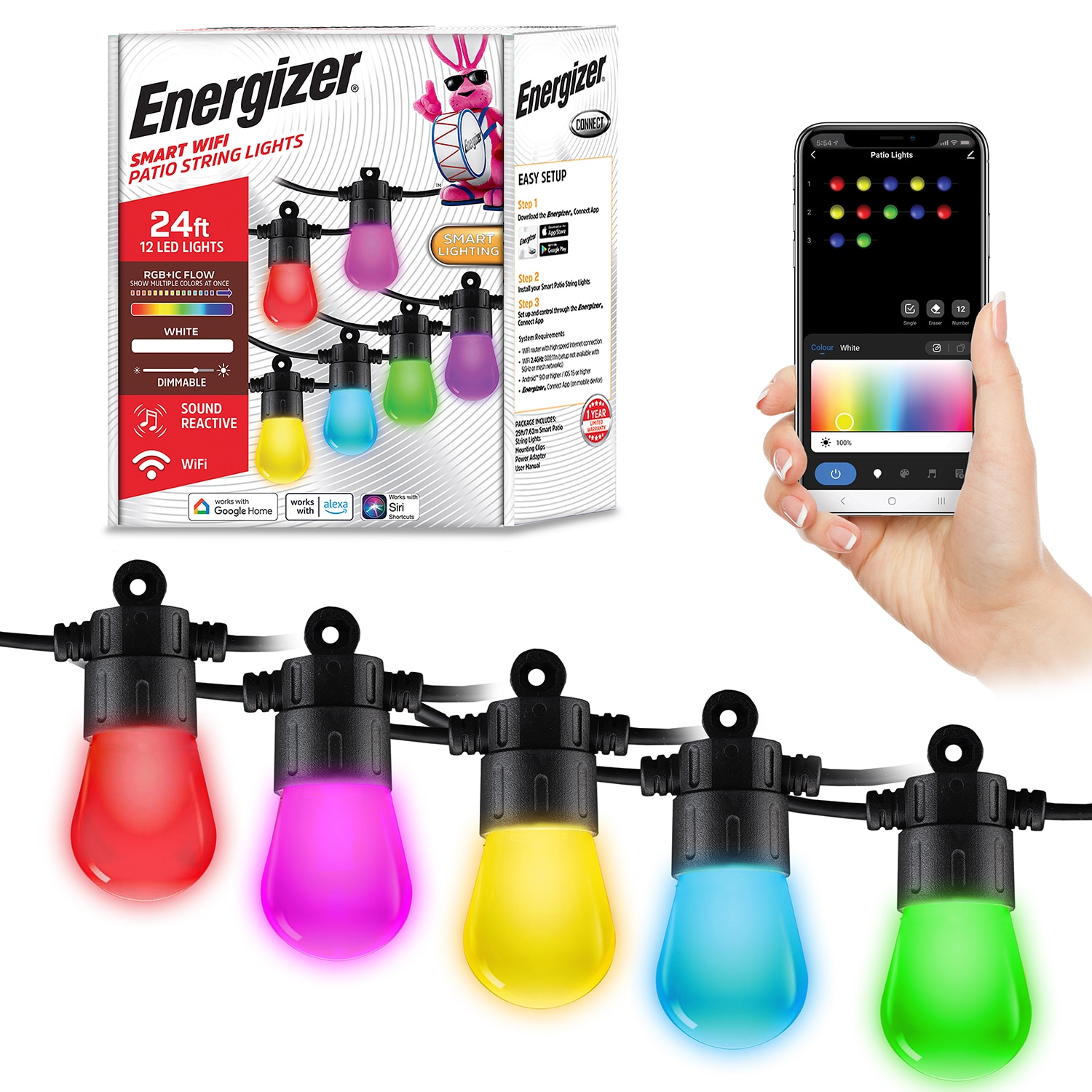 Energizer EOS2-1009-RGB 24-ft Plug-in white Outdoor String Light with 12 Color changing -Light LED Edison Bulbs Bluetooth Compatibility Wi-Fi Compatibility
