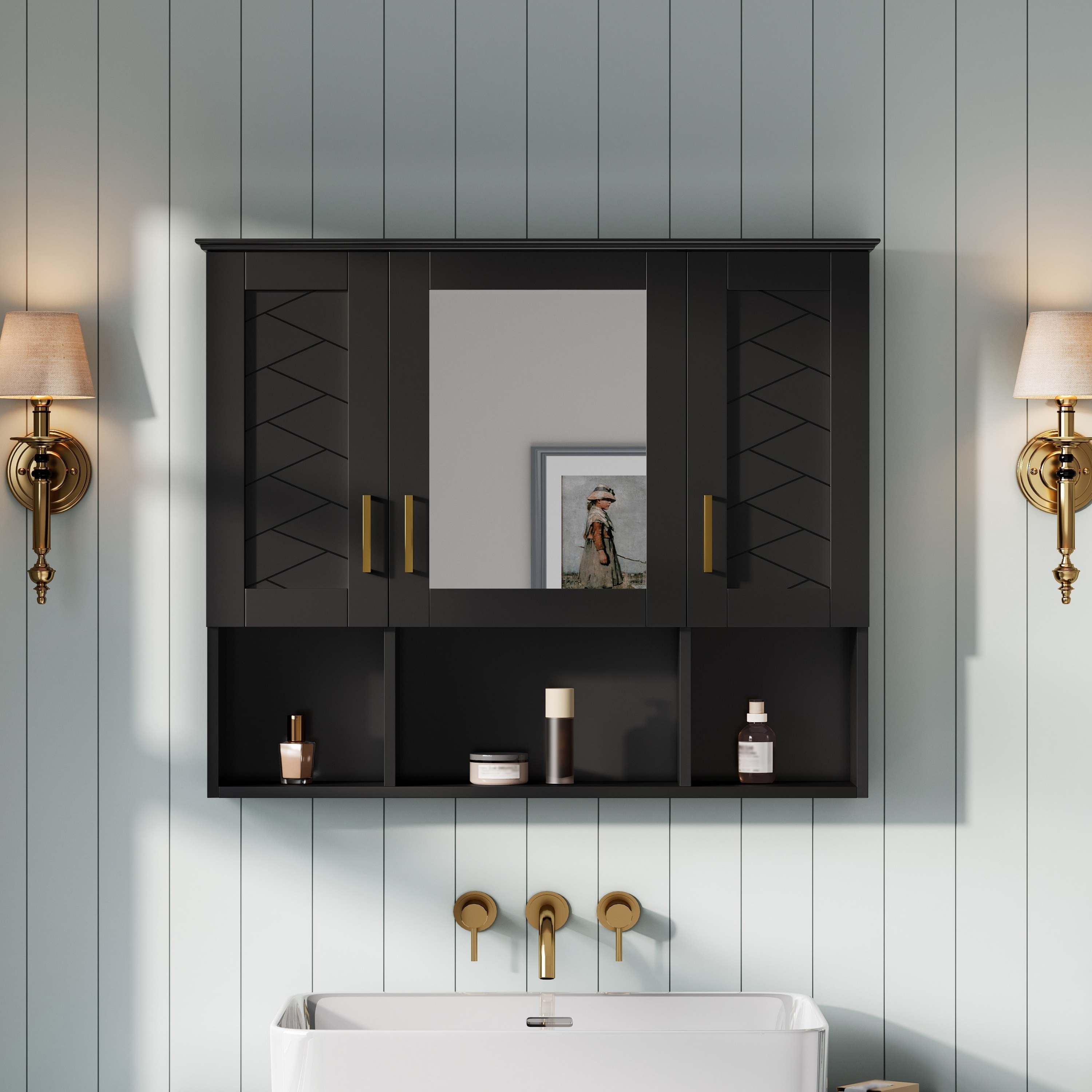 Hrinhom - Unassembled 35-in x 28.7-in x 7.3-in Black Soft Close Bathroom Wall Cabinet