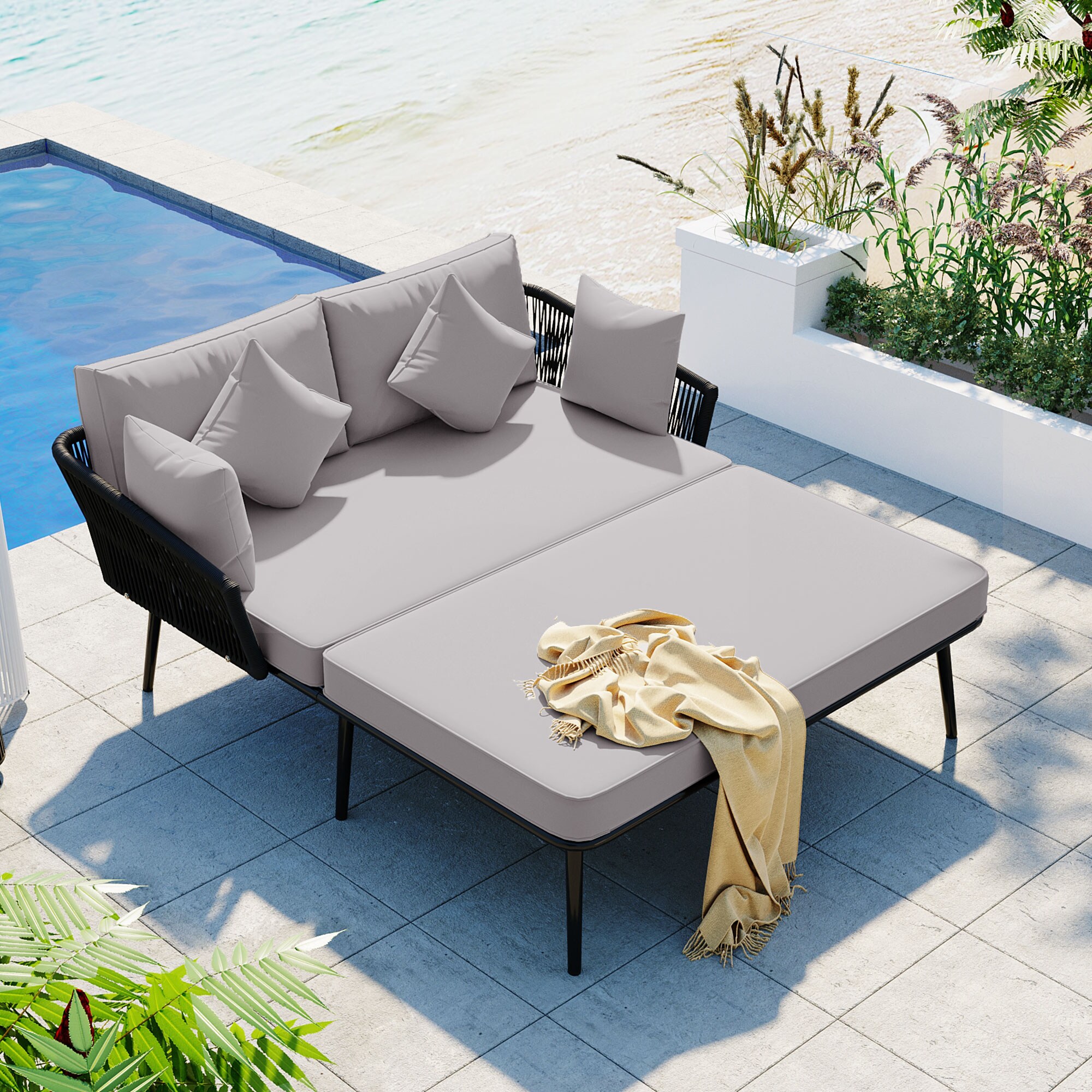 ModernLuxe L-SP100014AAE Outdoor Patio Daybed Outdoor Daybed with Gray Cushions and Iron Frame