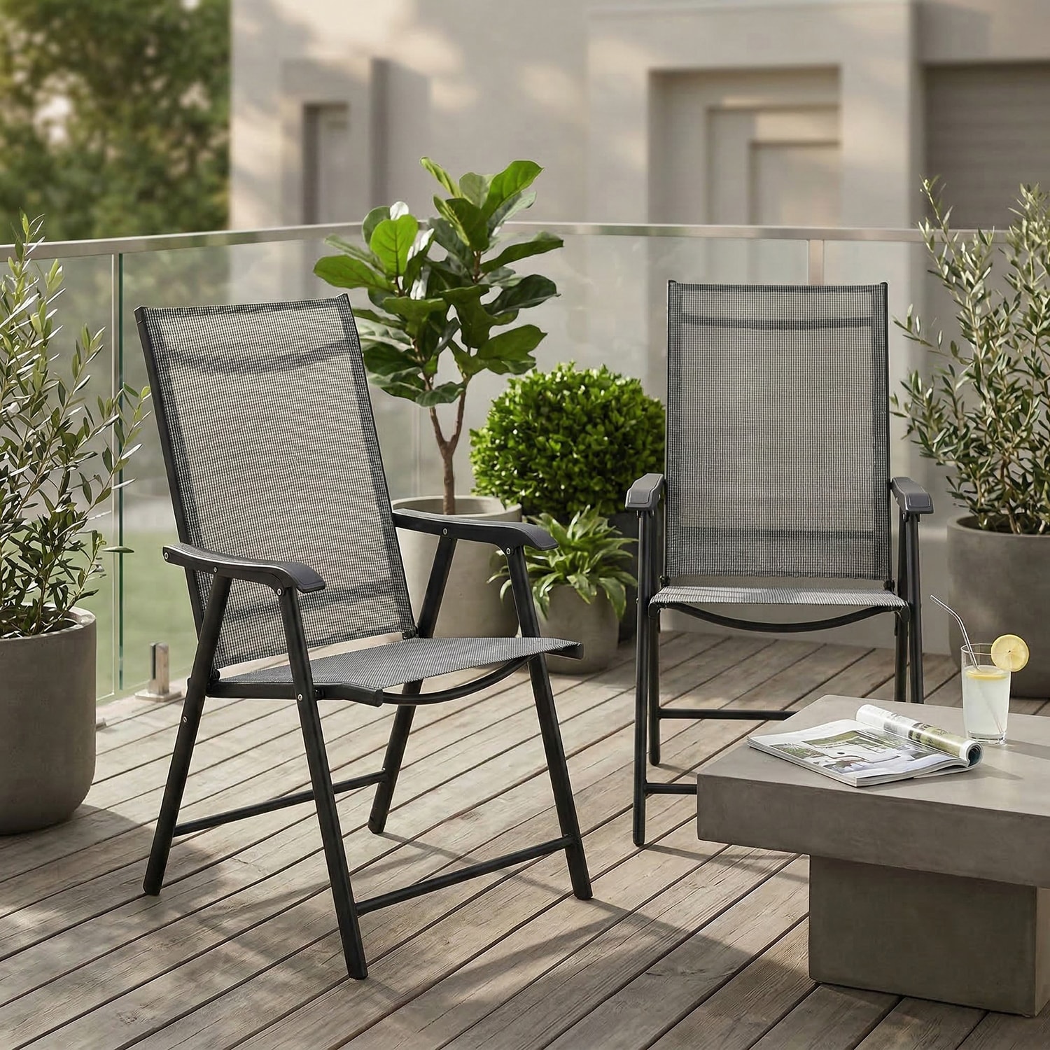 GZMR - Set of 2 Stackable Outdoor Patio Chairs Set of 2 Stackable Gray Steel Frame Stationary Con...