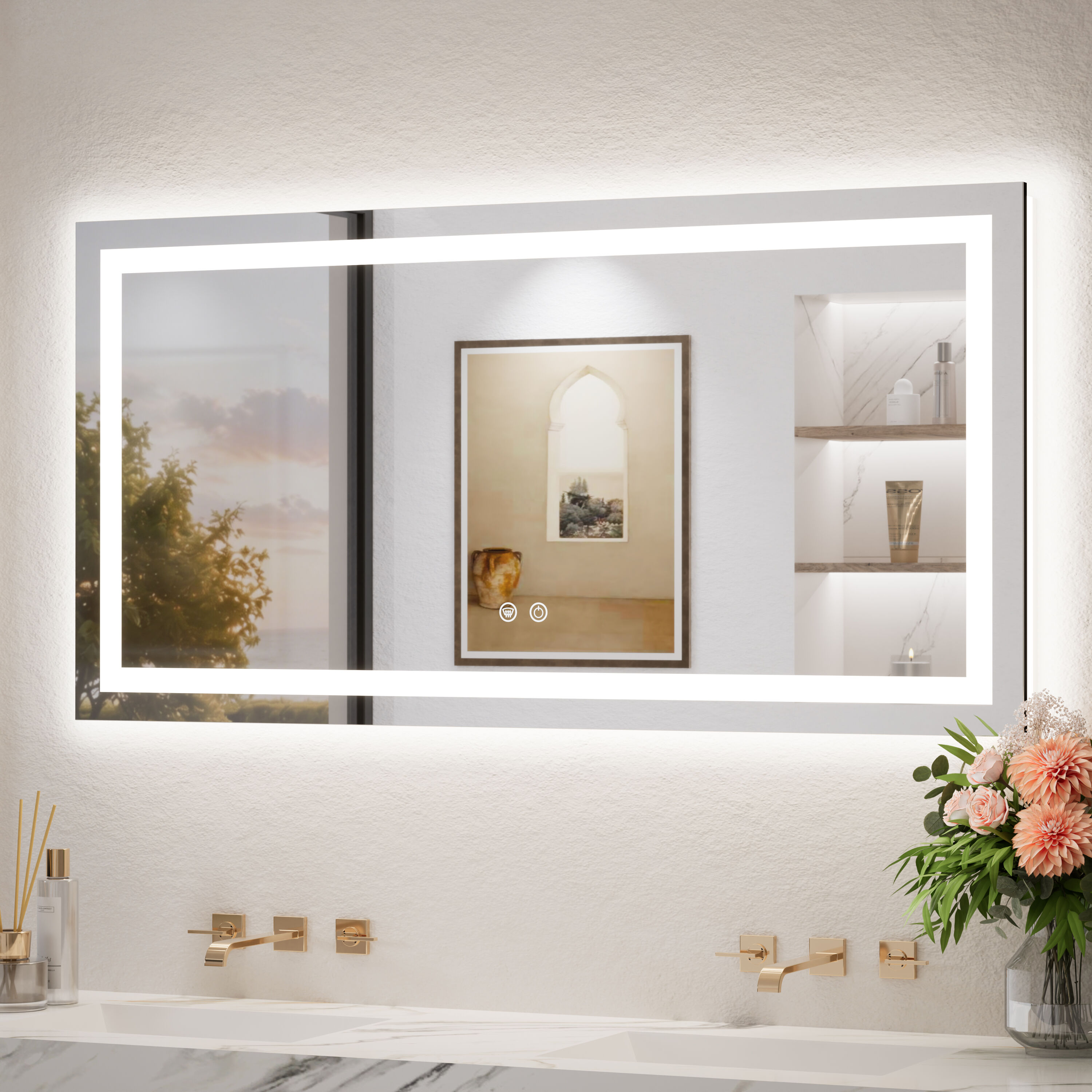 TETOTE 48x24 Inch LED Bathroom Vanity Mirror Tempered Glass Front And Backlit Dimmable 3 Color Lighted Mirror with Lights Anti-fog Memory Function Frameless