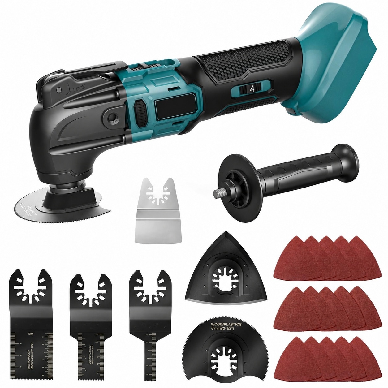Linder Group Inc Cordless oscillating multi tool brushless motor 21000 OPM with auxiliary handle variable speed sanding cutting scraping accessories Kit #L3KX3NMI