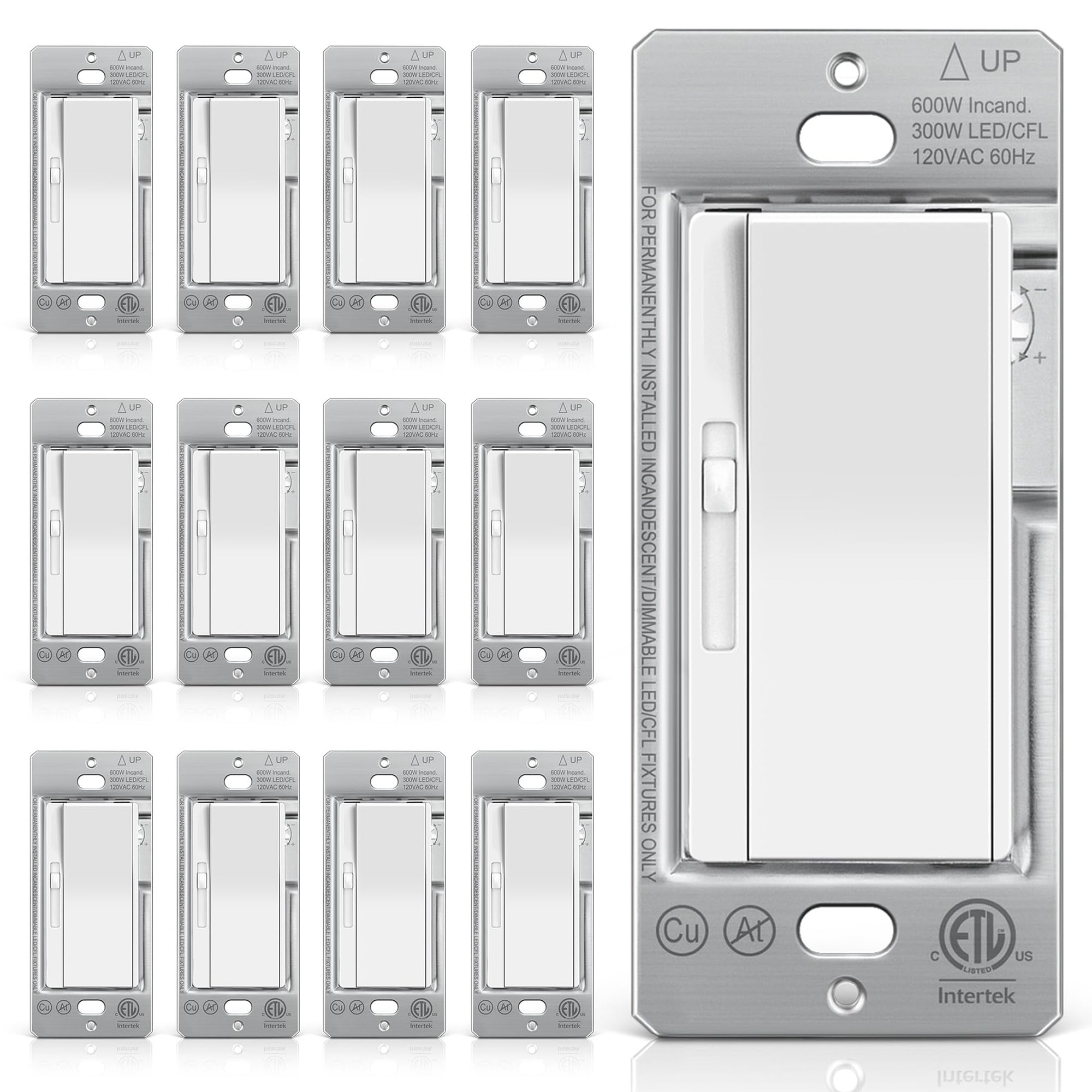 OGETFUUR 12 Pack 1 Gang White Slide Dimmer Switch for Residential Home Lighting featuring Durable Construction and Smooth Slide Dimming Control
