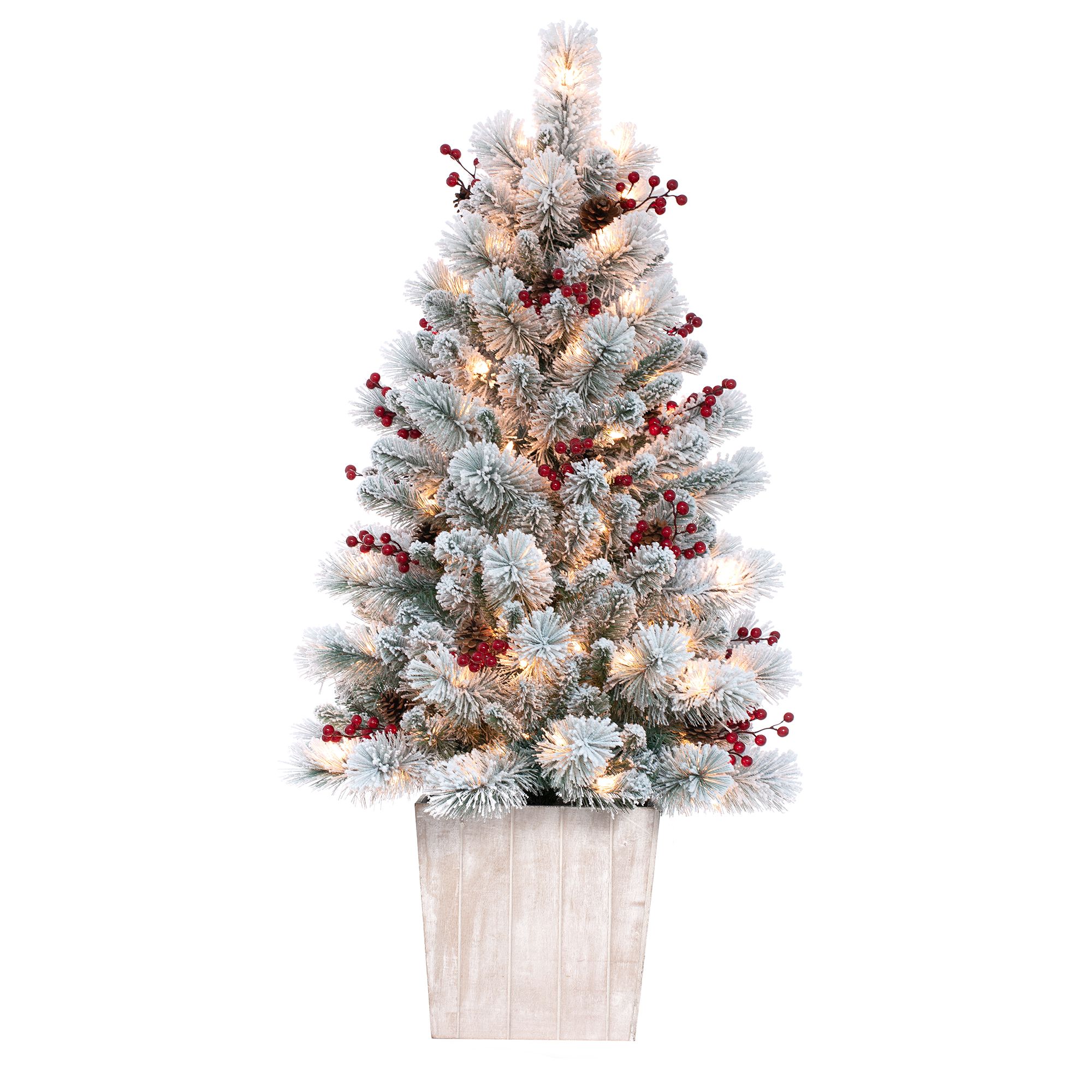 4ft Pre-Lit Frosted Ashcroft Fir Potted Christmas Tree with Red Berries