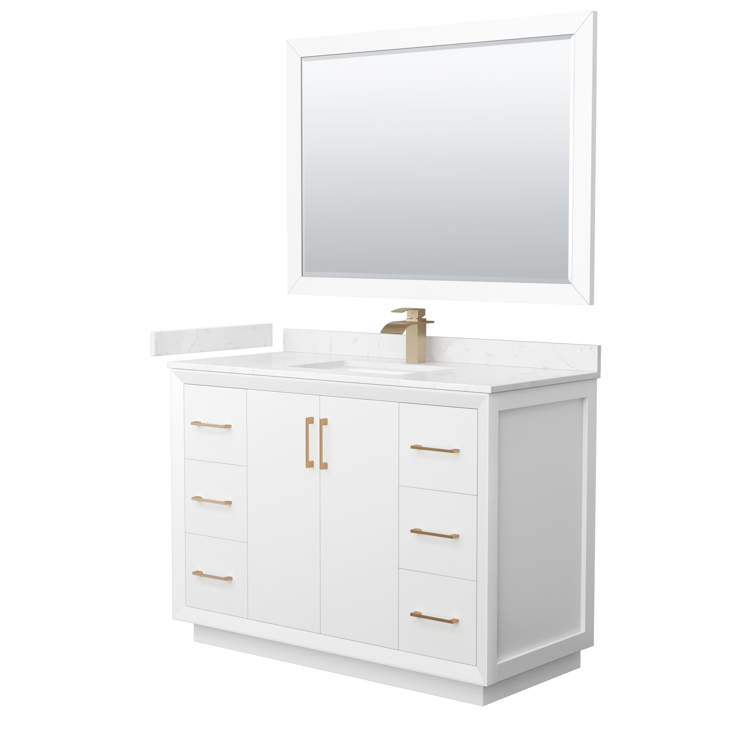Wyndham Collection WCF414148SWZC2UNSM46 Strada 48-in White with Satin Bronze Trim Undermount Single sink Bathroom Vanity with Carrara cultured marble Cultured marble Top (Mirror Included)