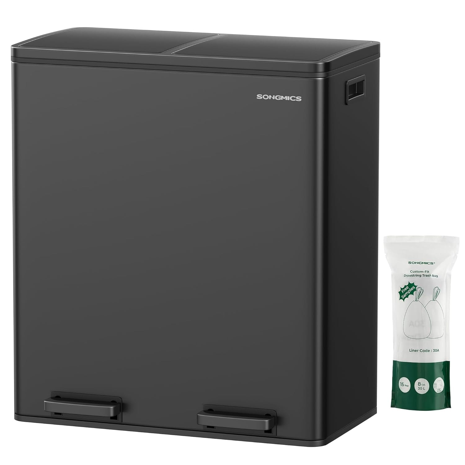 SONGMICS HOME LTB060B04 2 x 8-Gallon Garbage Cans for Kitchen with 15 Trash Bags in Black
