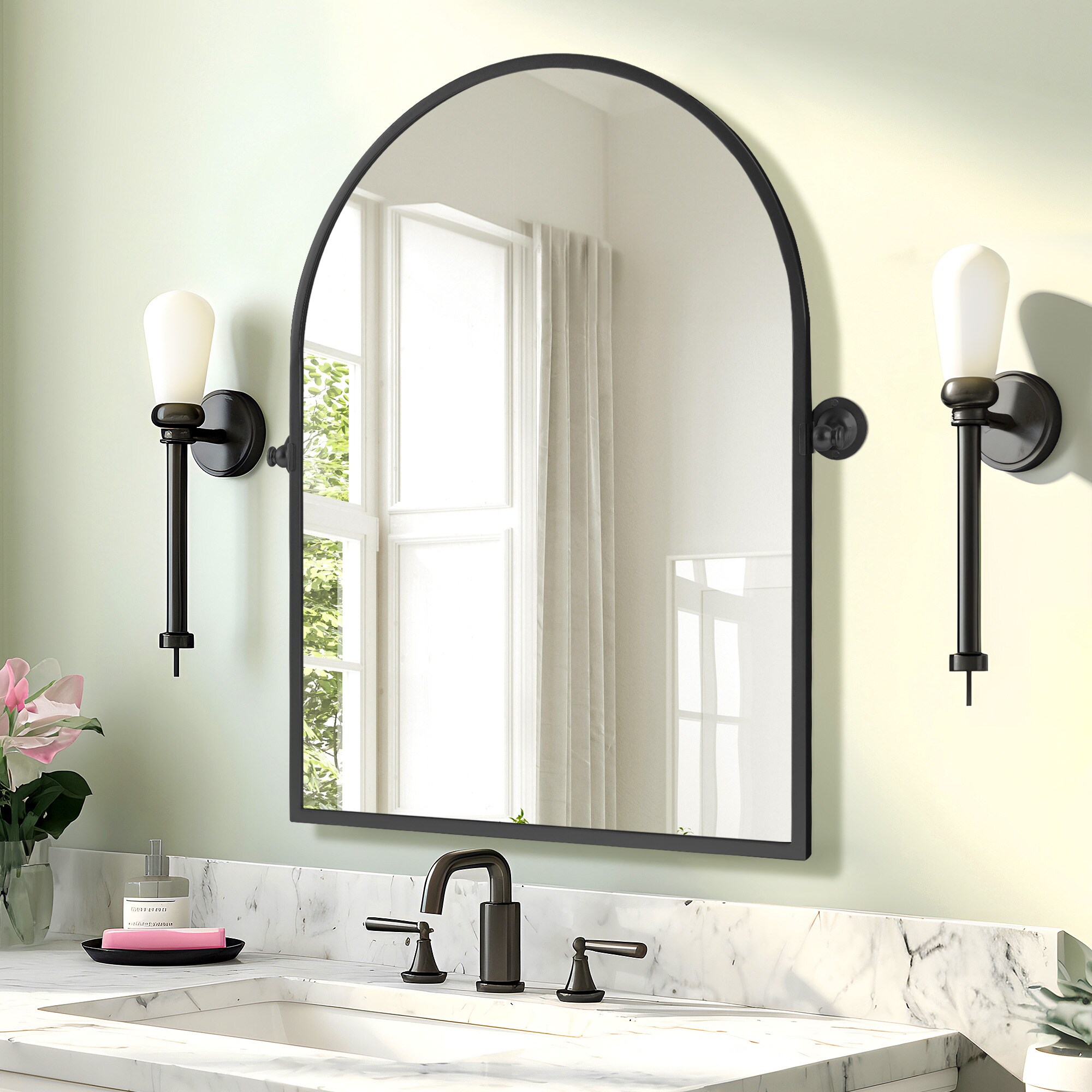 NeuType 24-in x 32-in Black Arch Framed Bathroom Vanity Mirror in the ...