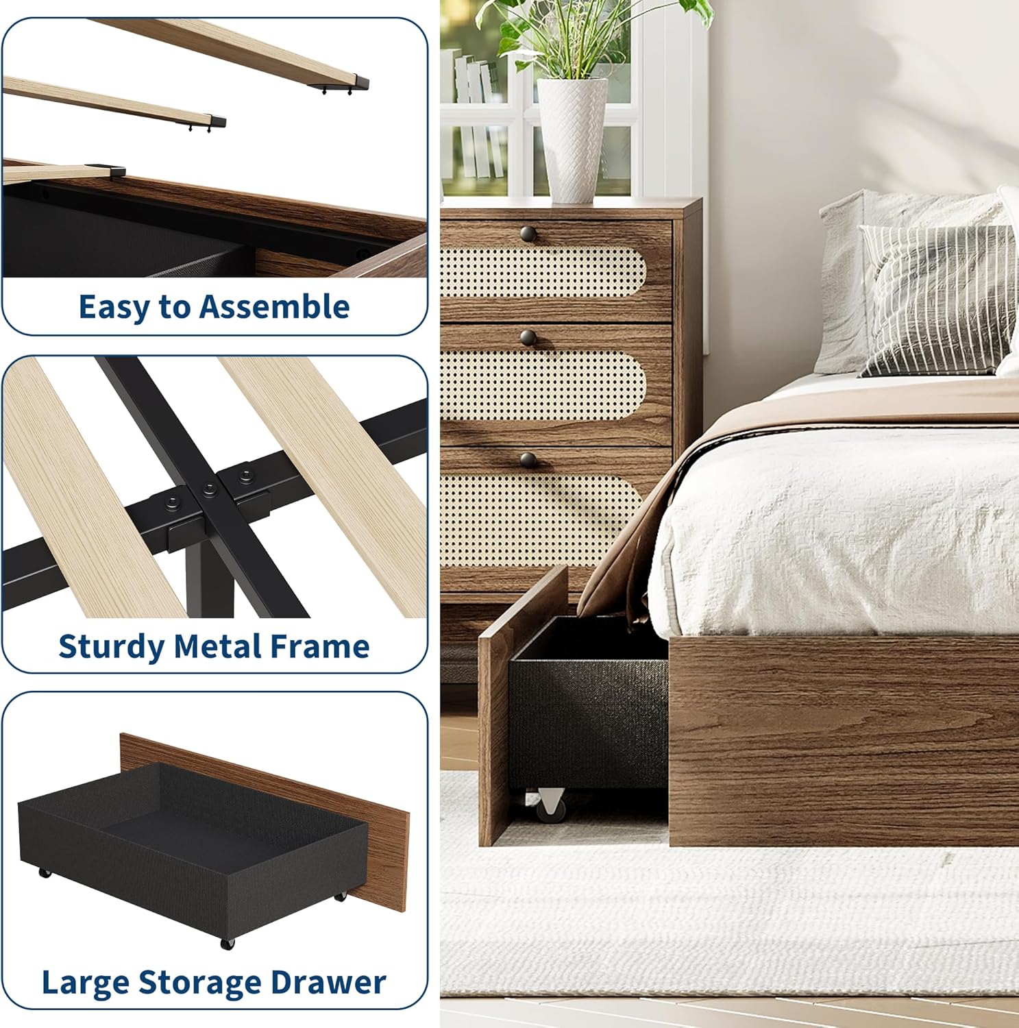 GarveeLife King Size Modern Storage Platform Bed Frame 2 Drawers Low ...