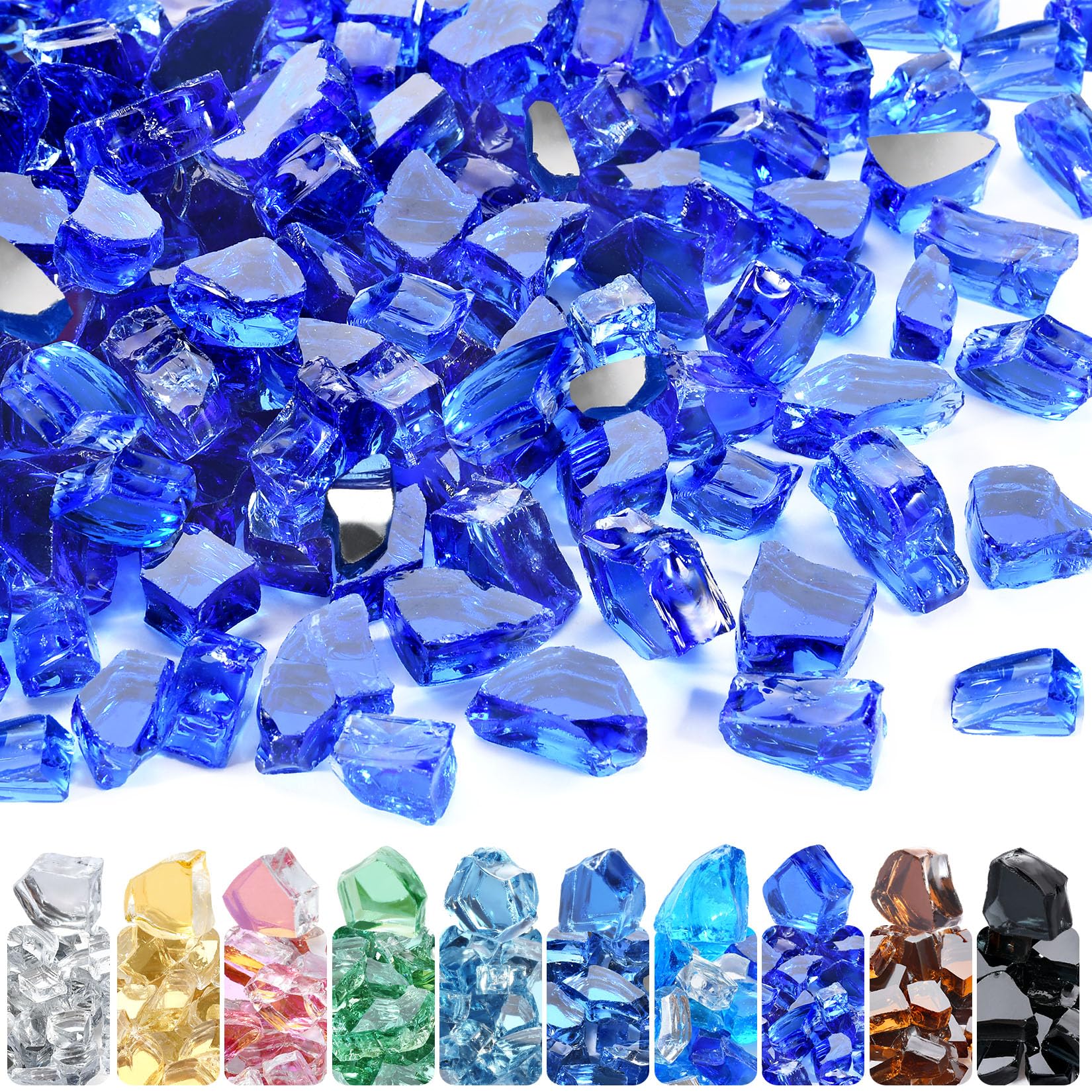 Vrbgify -  Cobalt Blue Reflective Fire Glass Half Inch Tempered Crushed Glass for Fire Pit Firepl...