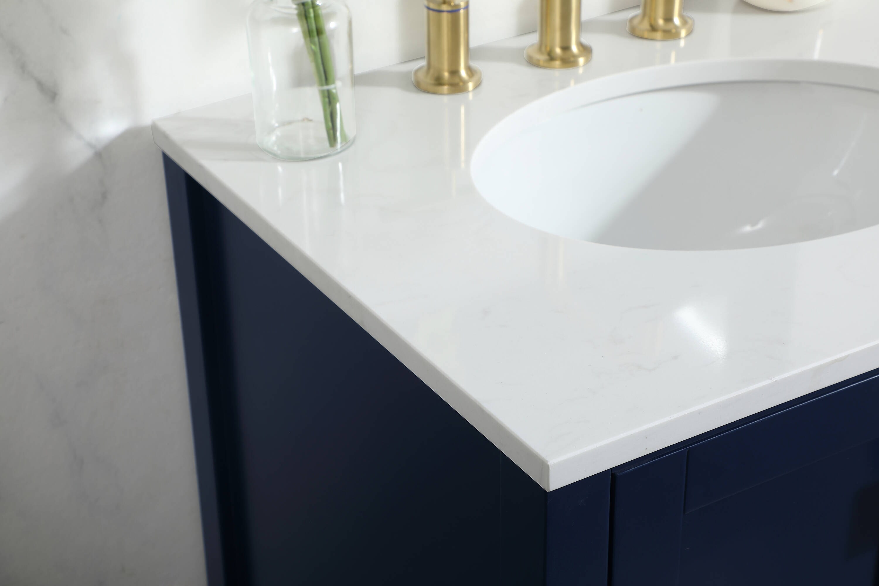 Blue MDF Single Bathroom Vanity with Gold Pulls and Quartz Top