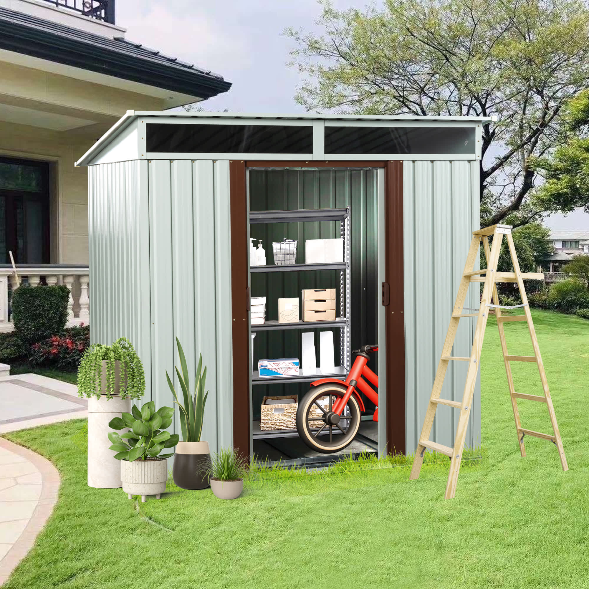 Qeetex GGL-PHO-13MJWBNP 6ft x 5ft Outdoor Storage Shed With Lockable Sliding Doors And Window Floor Frame Waterproof Sun Proof Shed For Patio Lawn Backyard