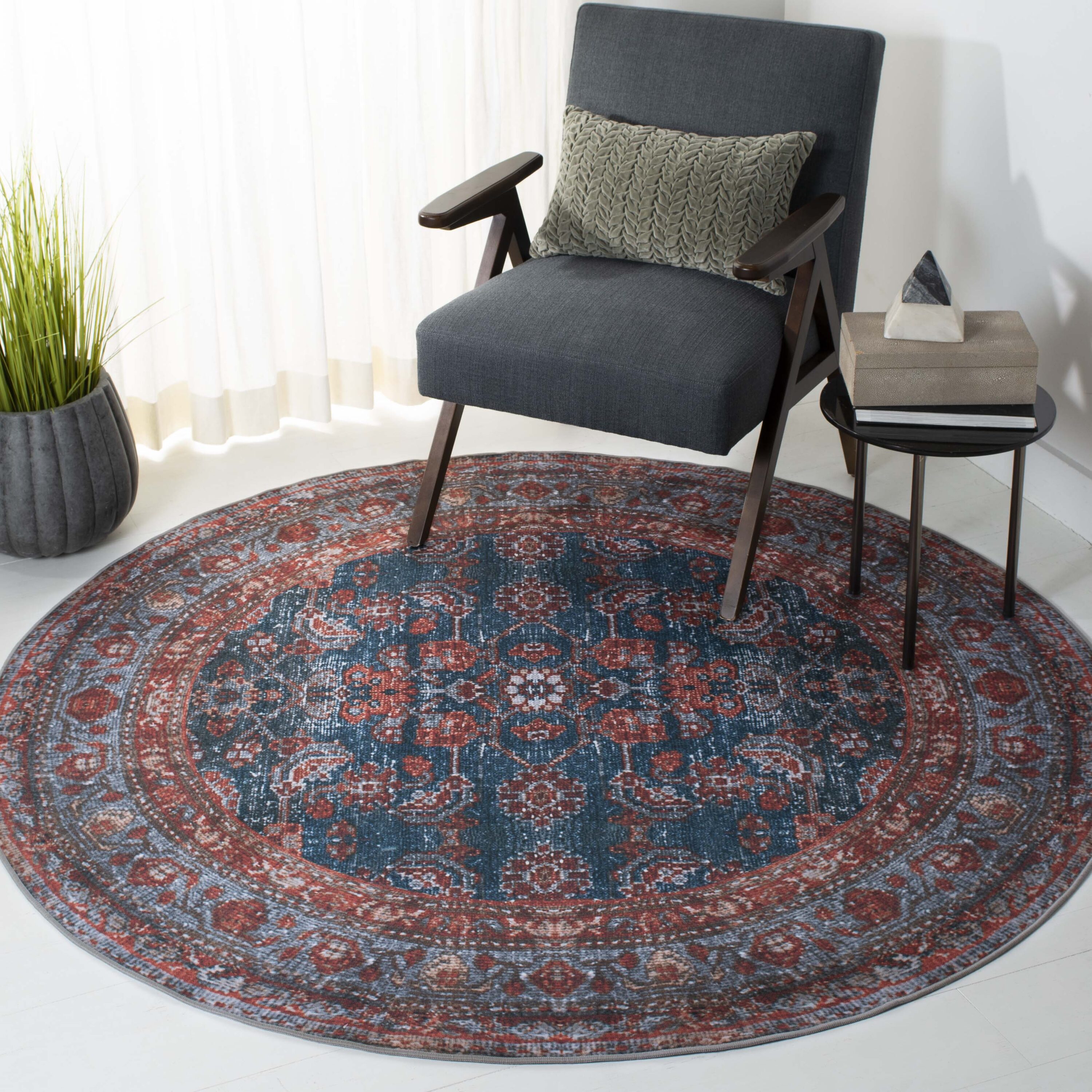 Safavieh TSN183M-6R Tucson 6 x 6 (ft) Loomed Polyester Blue/Rust Round Indoor Border Machine washable Area rug