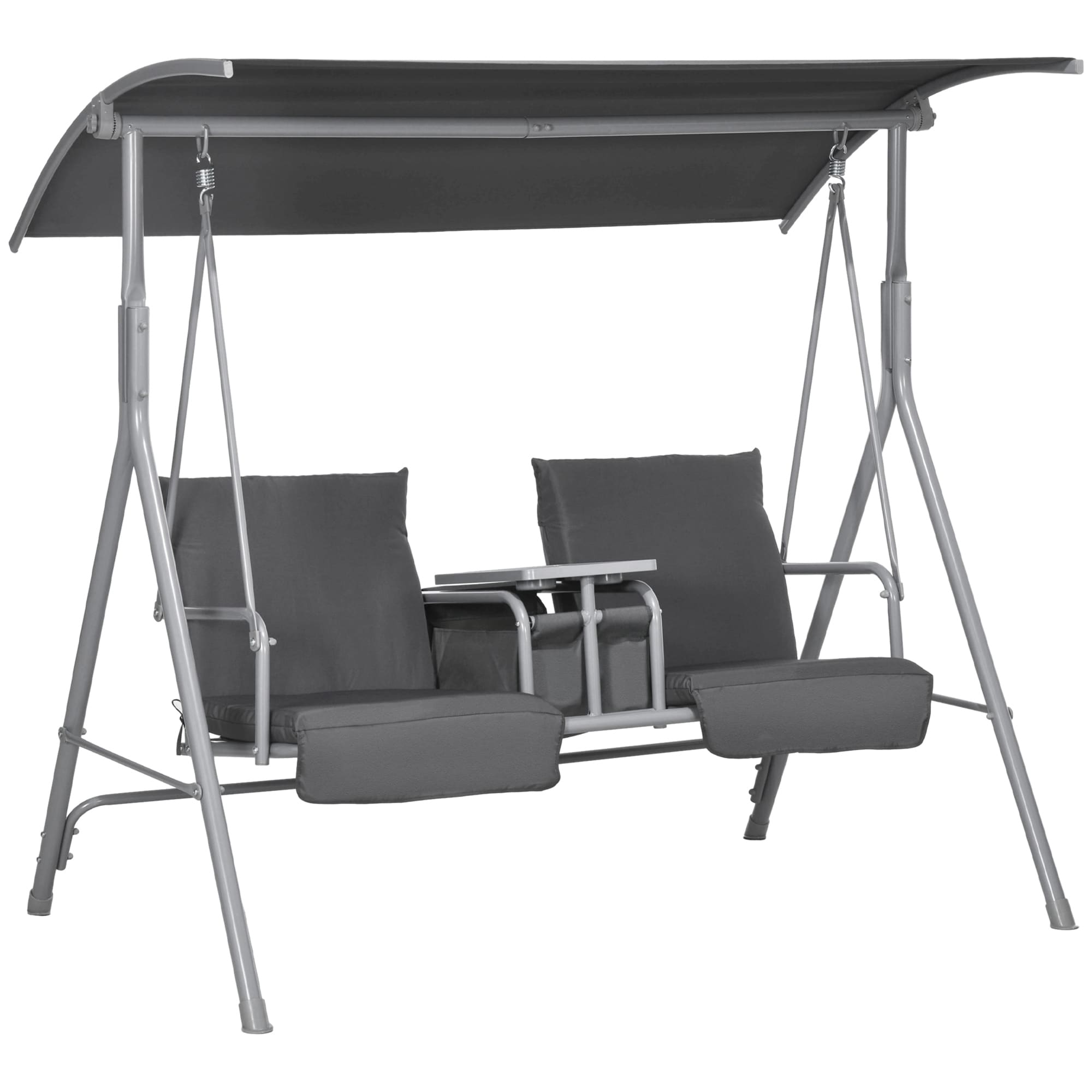 Outsunny 84A-057V01GY 2 Person Porch Swing with Stand Outdoor Swing with Canopy Pivot Storage Table 2 Cup Holders Cushions for Patio Backyard Gray