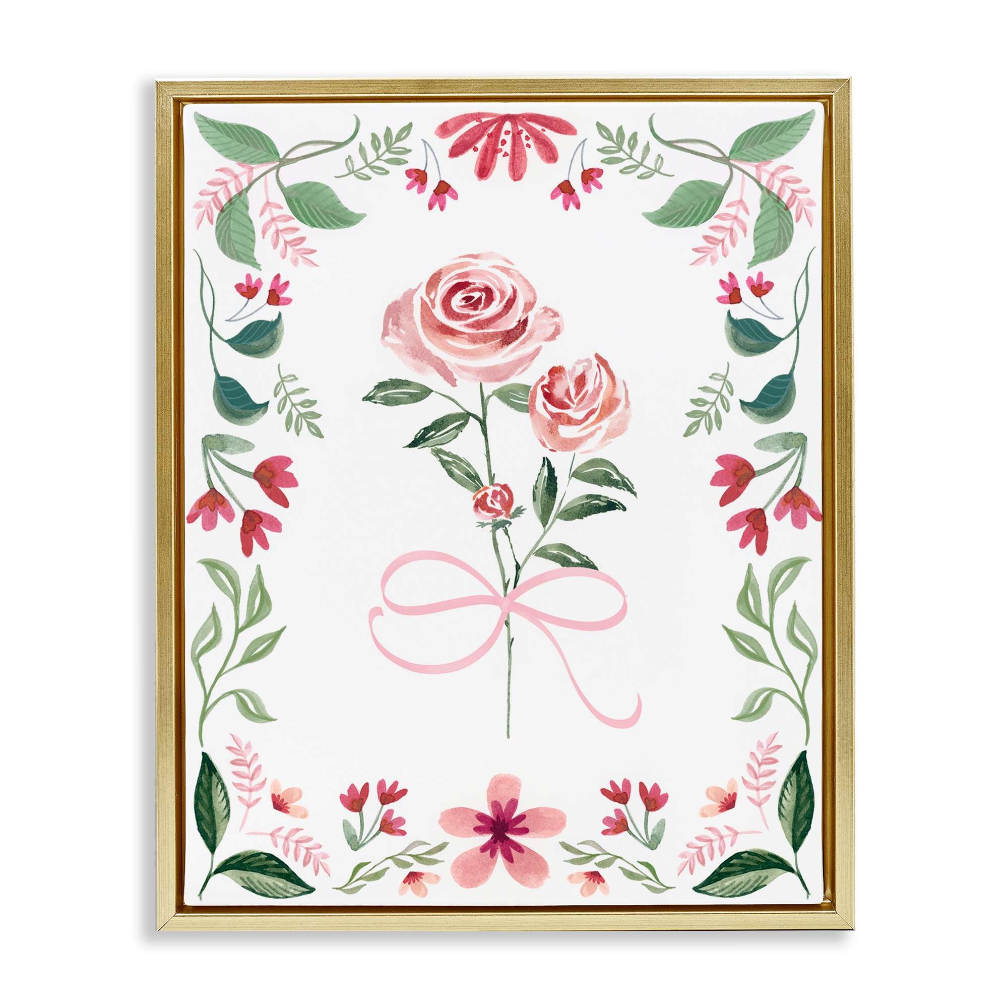 Stupell Industries BS-202-FFG-16X20 Delicate Roses Floral Border Gold Framed Floater Canvas Wall Art By Kristen Brockmon 17 x 21