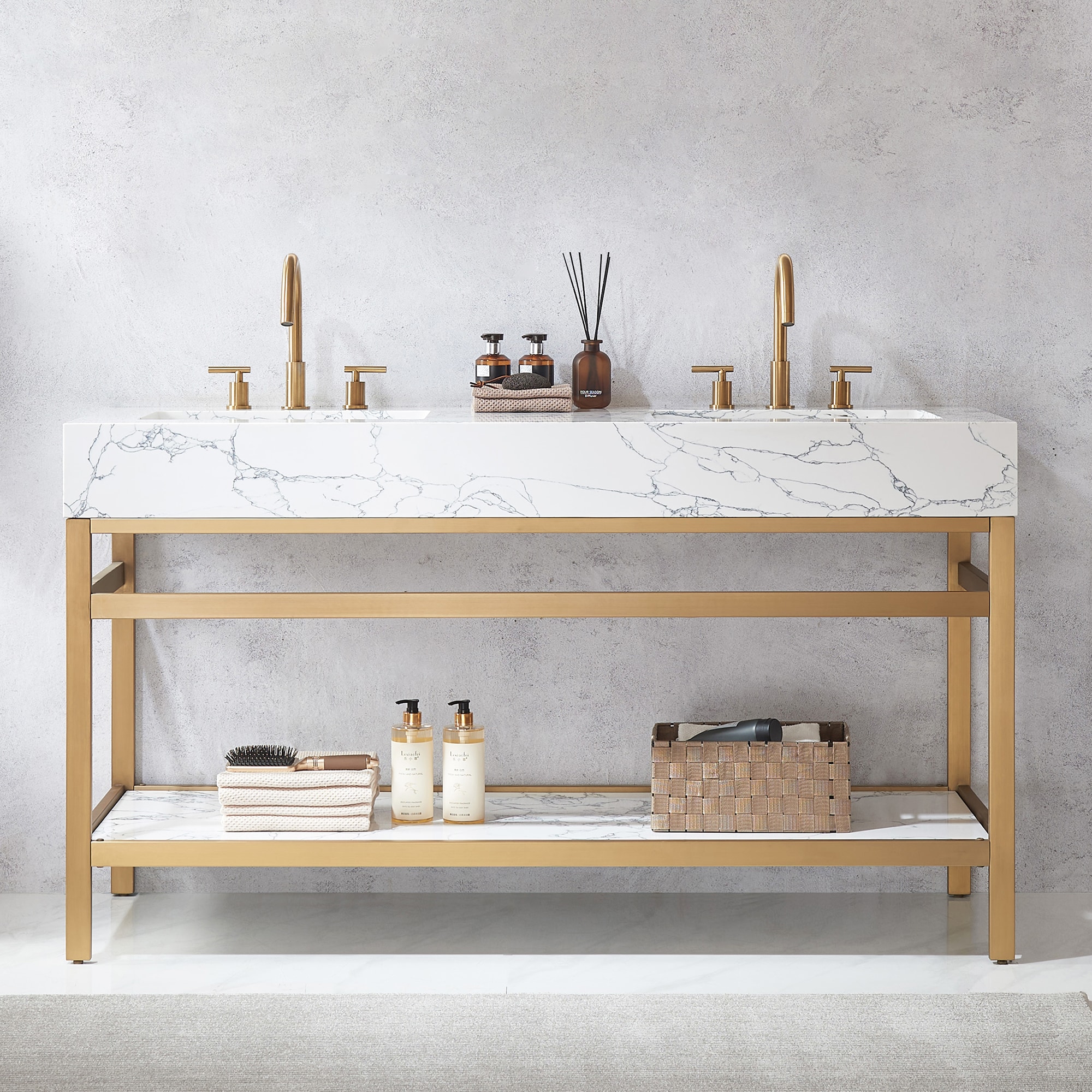 Vinnova 702760M-BG-PH-NM Ecija 60-in Brushed Gold Stainless Steel Bracket Undermount Double Sink Bathroom Vanity with Pandora White Engineered Stone Top